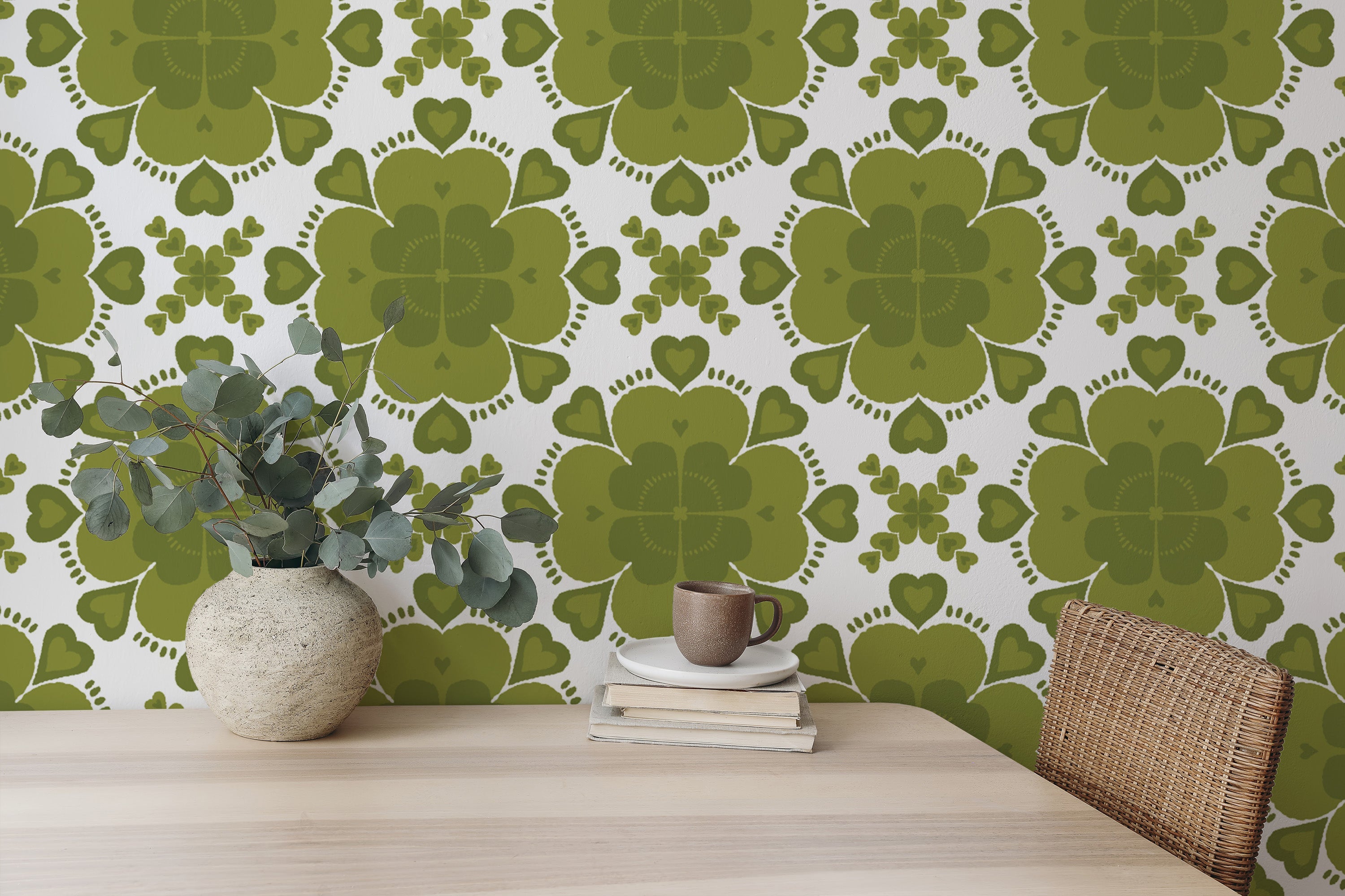 Nature-inspired green clover geometric wallpaper for serene interiors.
