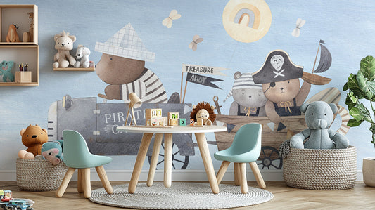 Playful pirate bear adventure wall mural wallpaper for kids' rooms.