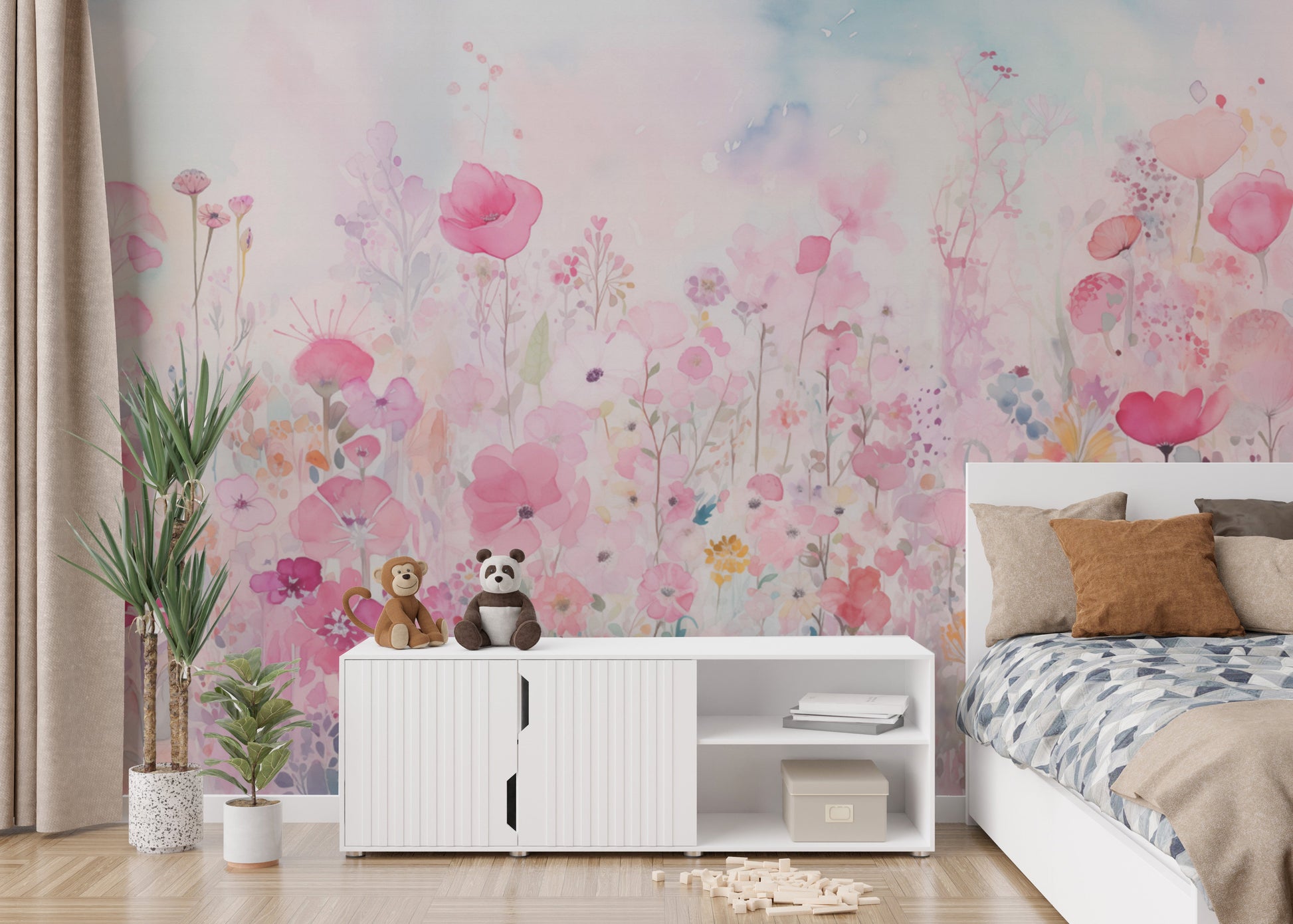 Watercolor happy flowers pink color wallpaper for a cheerful, vibrant room.
