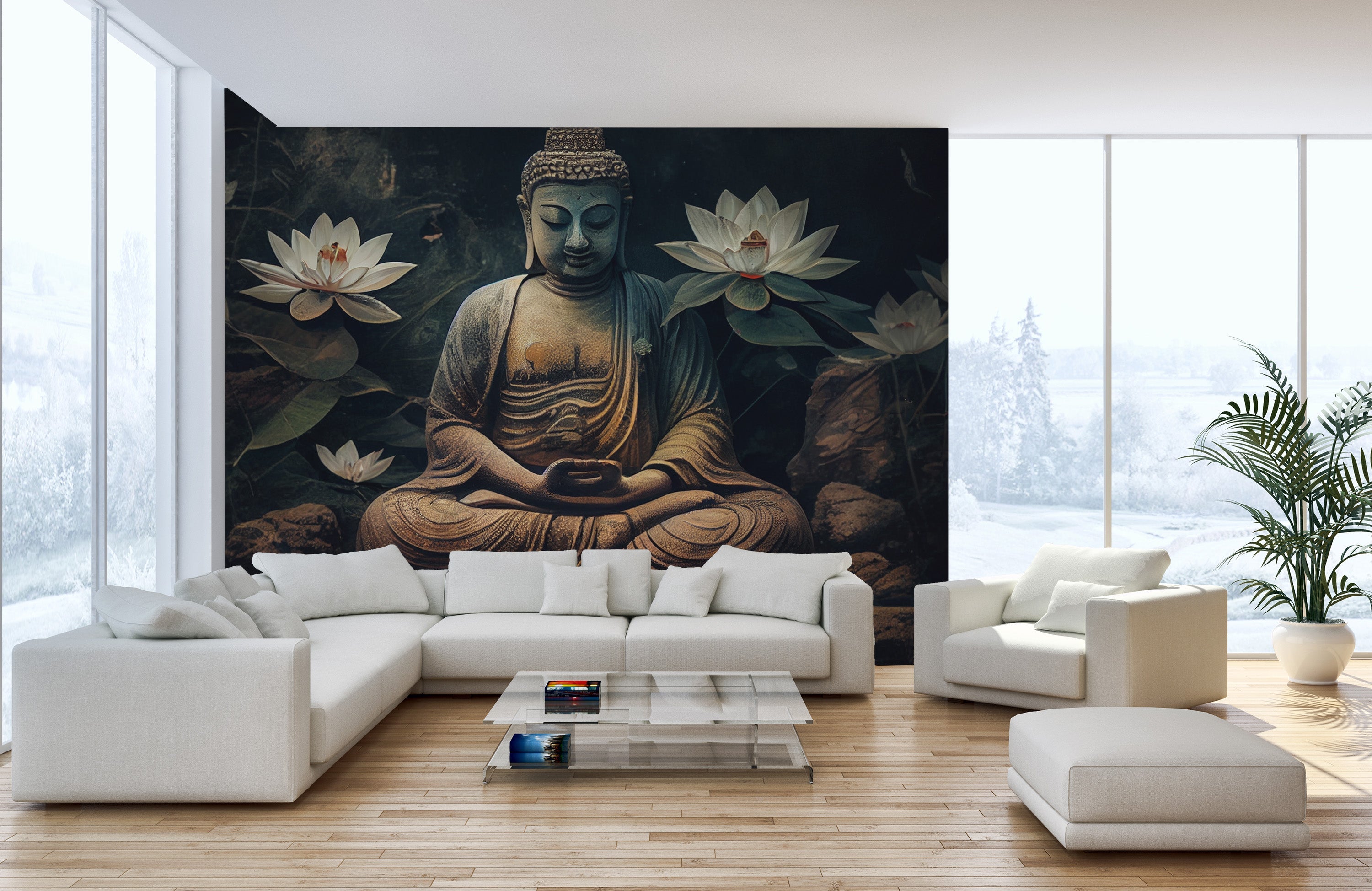 Meditative Buddha and Lotus Flowers Mural - Giffywalls