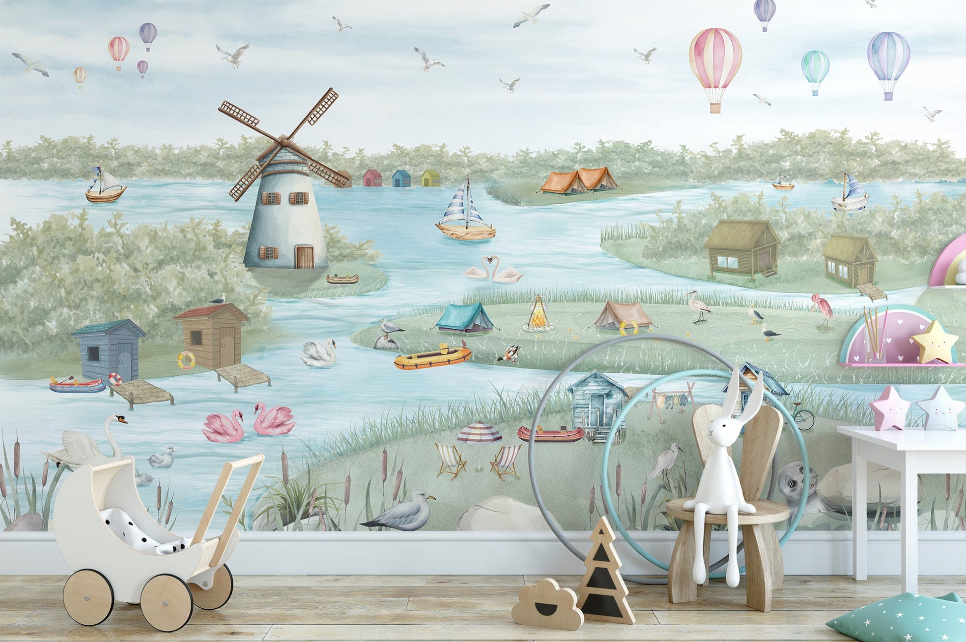 Peaceful lake scene wallpaper for nursery