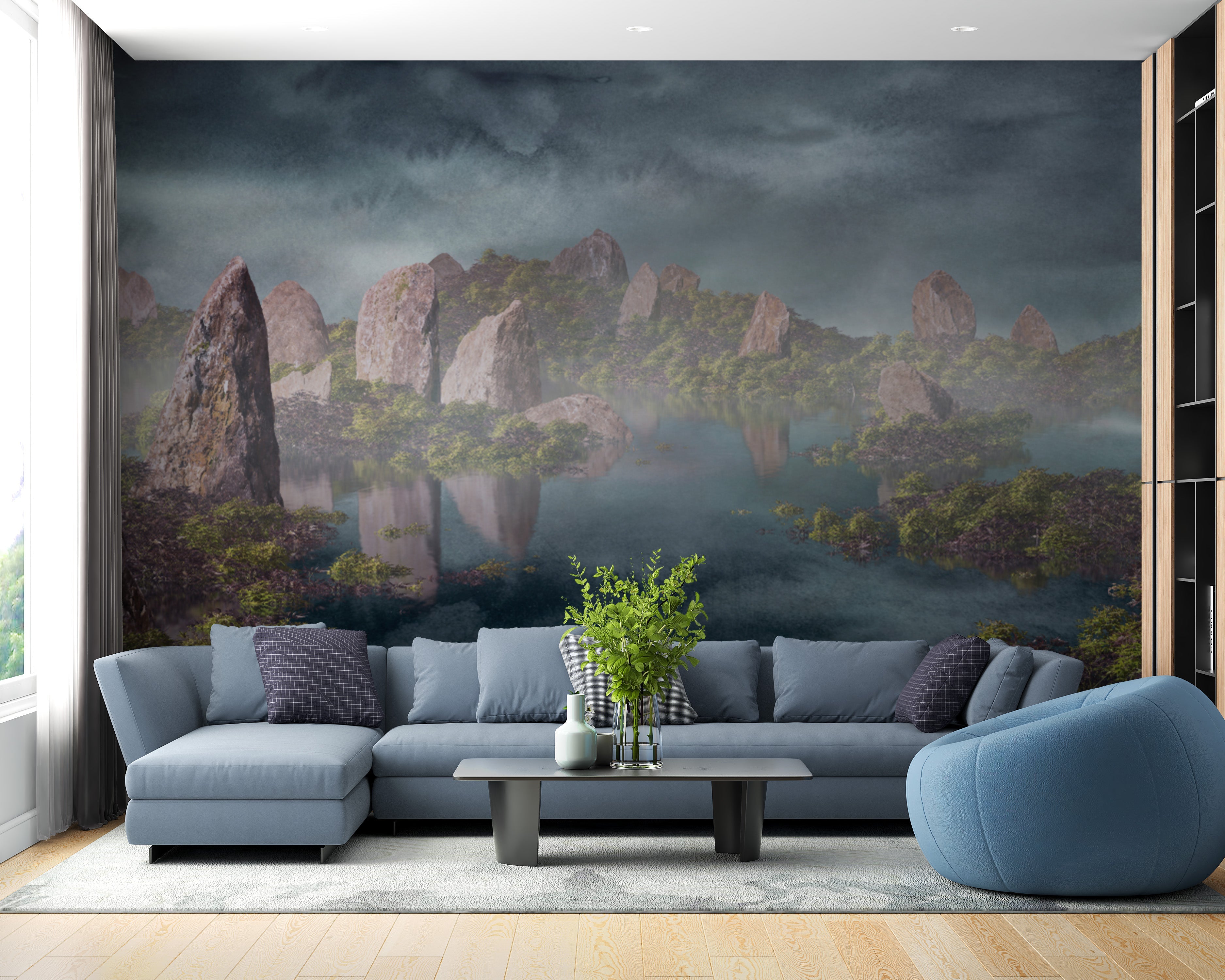 Dramatic Chinese Landscape Blue Wallpaper Murals - Giffywalls