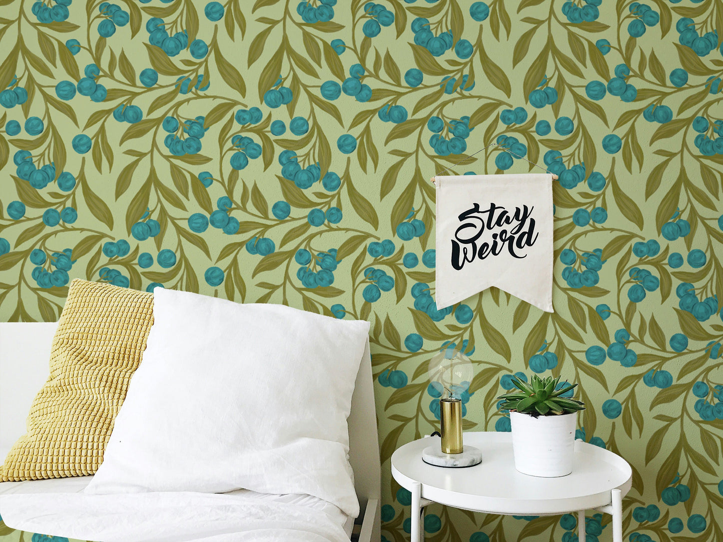 Elegant autumn berries blue wallpaper for seasonal charm.
