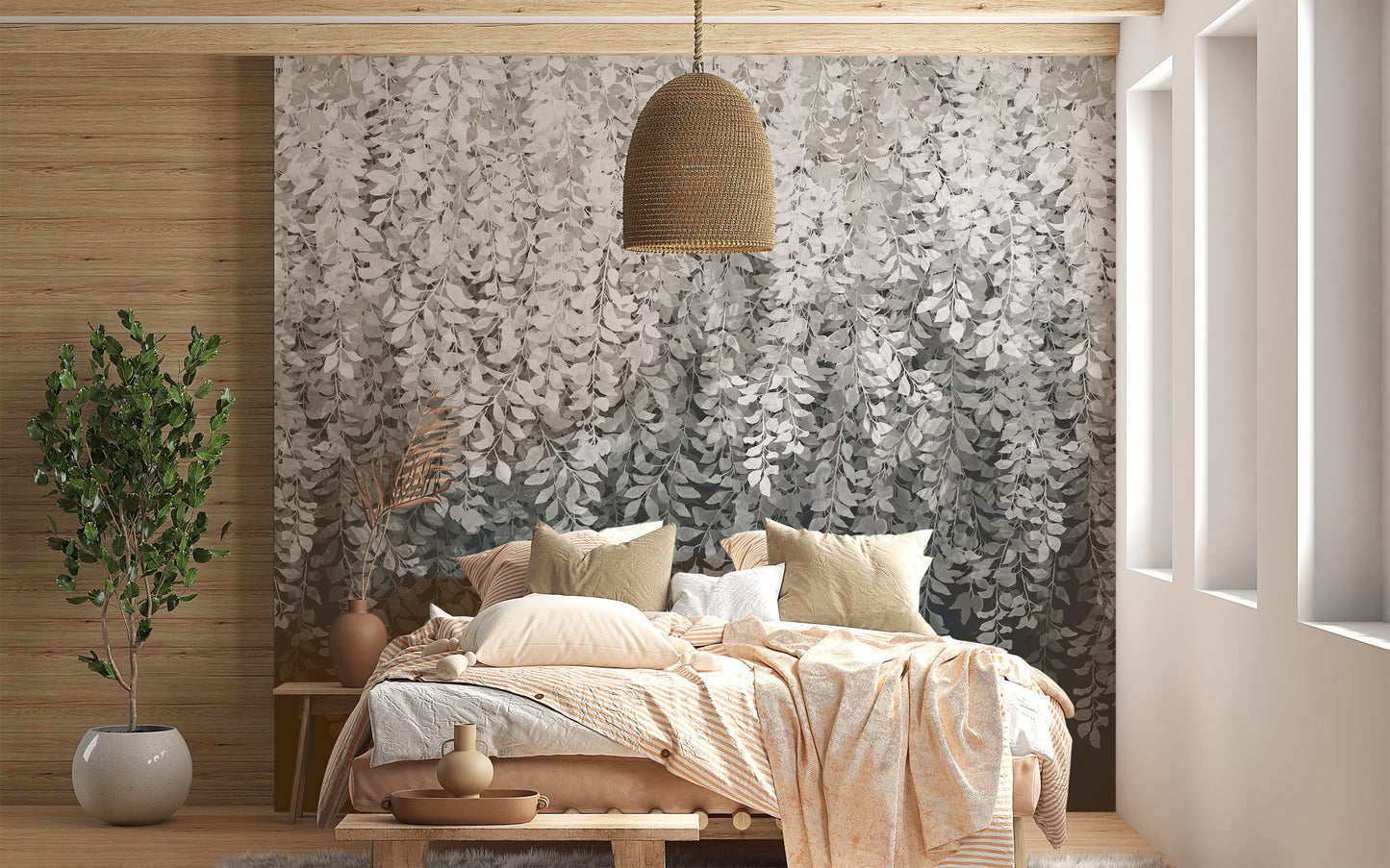 Subtle grey foliage wallpaper design
