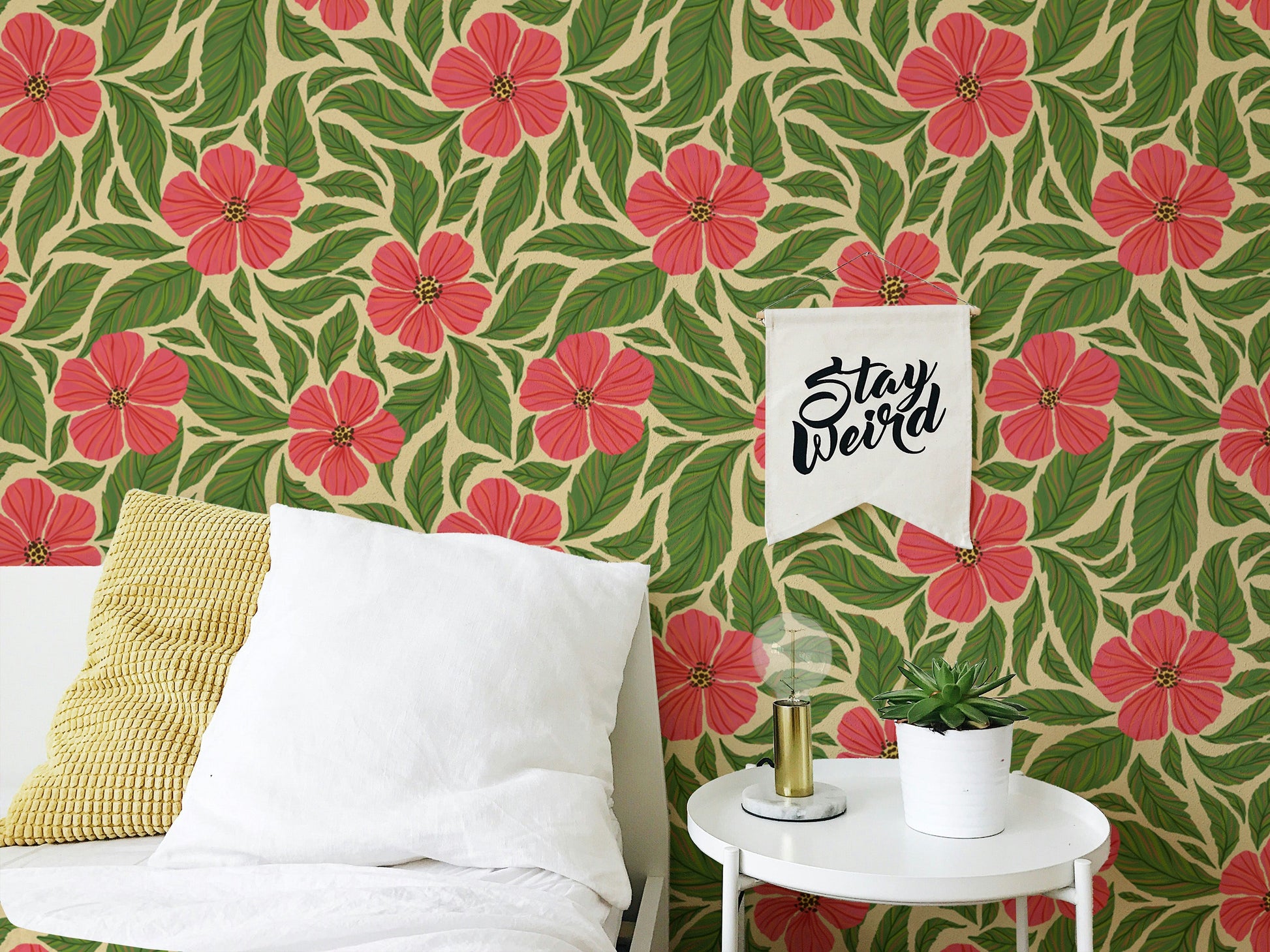 Playful pink flowers dance mural for a lively, floral vibe.
