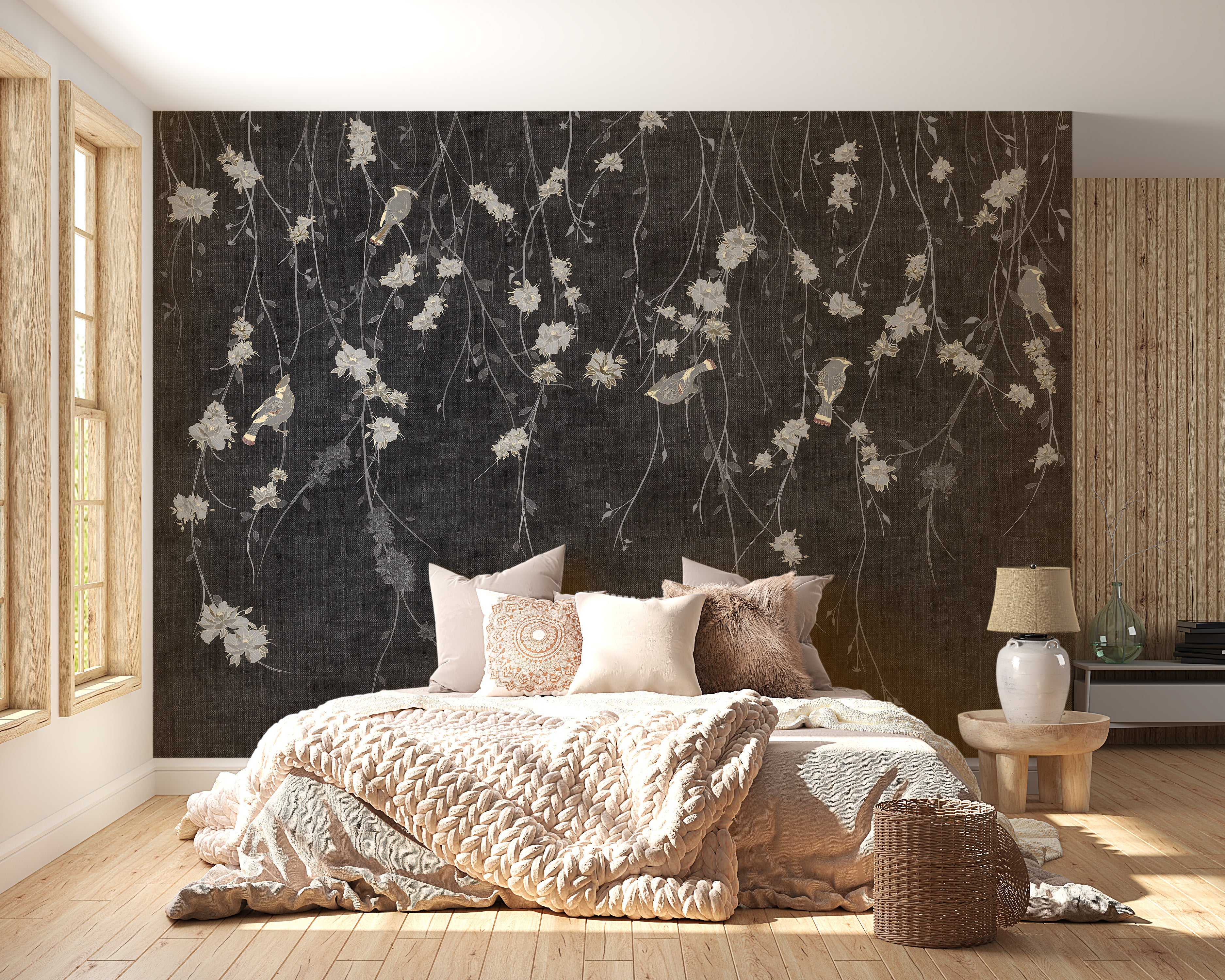 Beautiful Dark Black Flowers & Birds Wallpaper Mural - Giffywalls