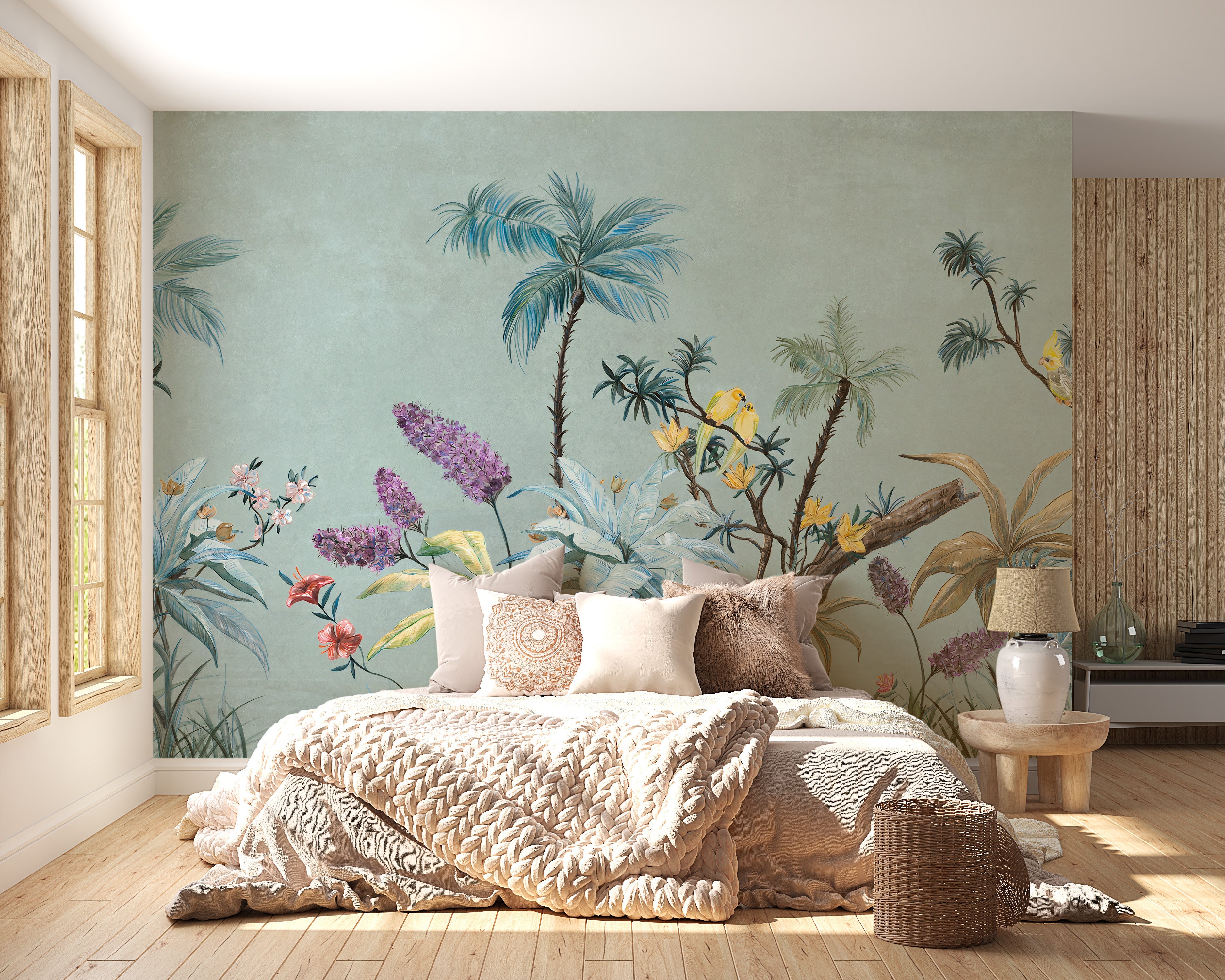 Green background boho floral wallpaper for cozy interiors.
