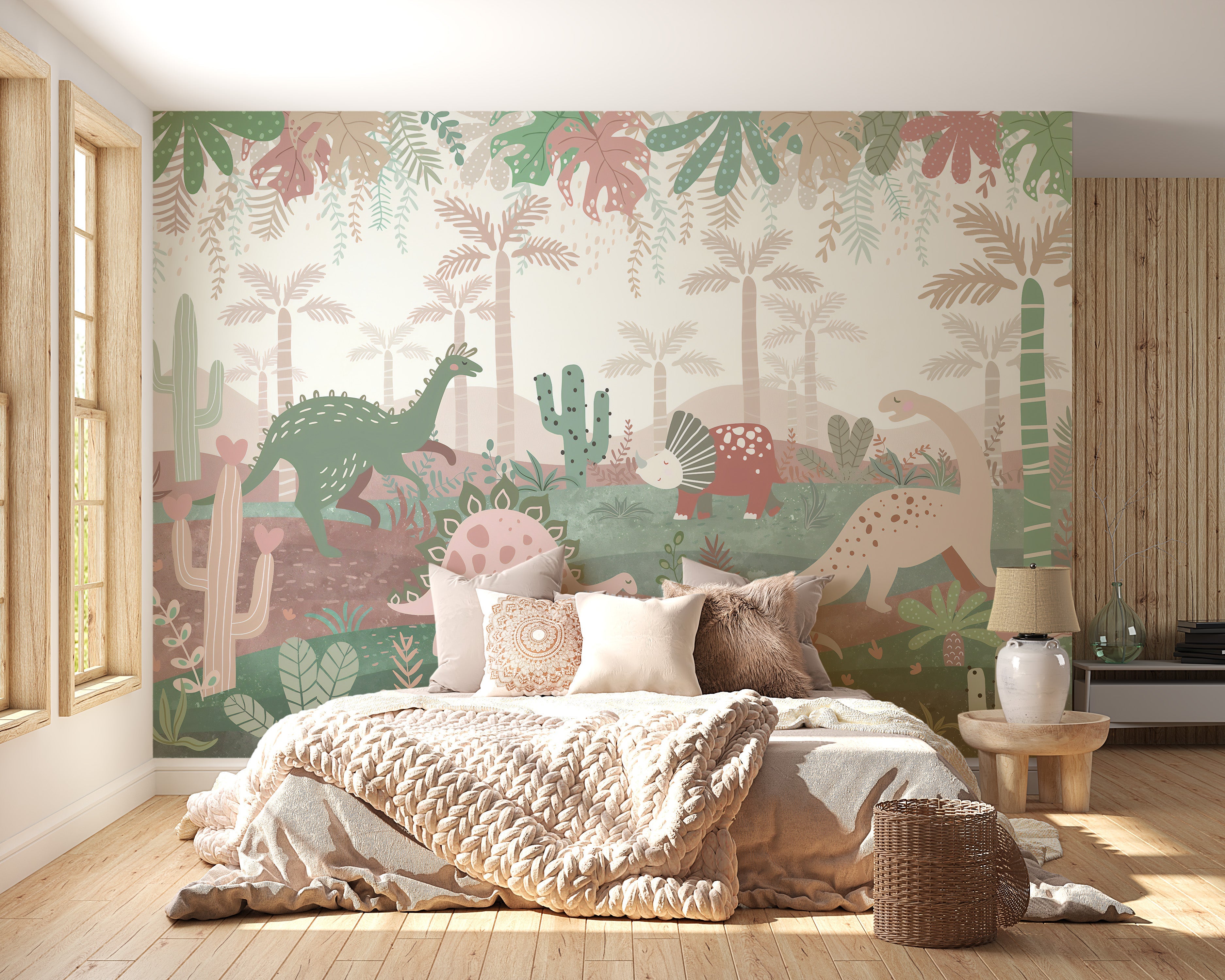 Green & Pink Color Dinosaurs Enjoying Wallpaper Mural - Giffywalls