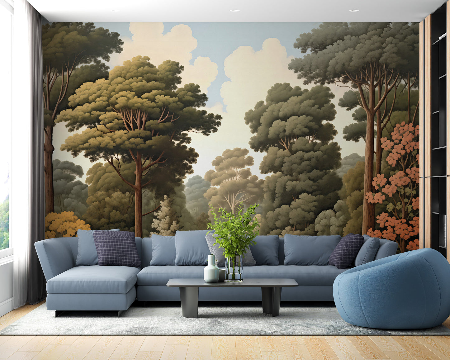 Beautiful forest woodcut green wallpaper murals for a rustic and modern vibe.
