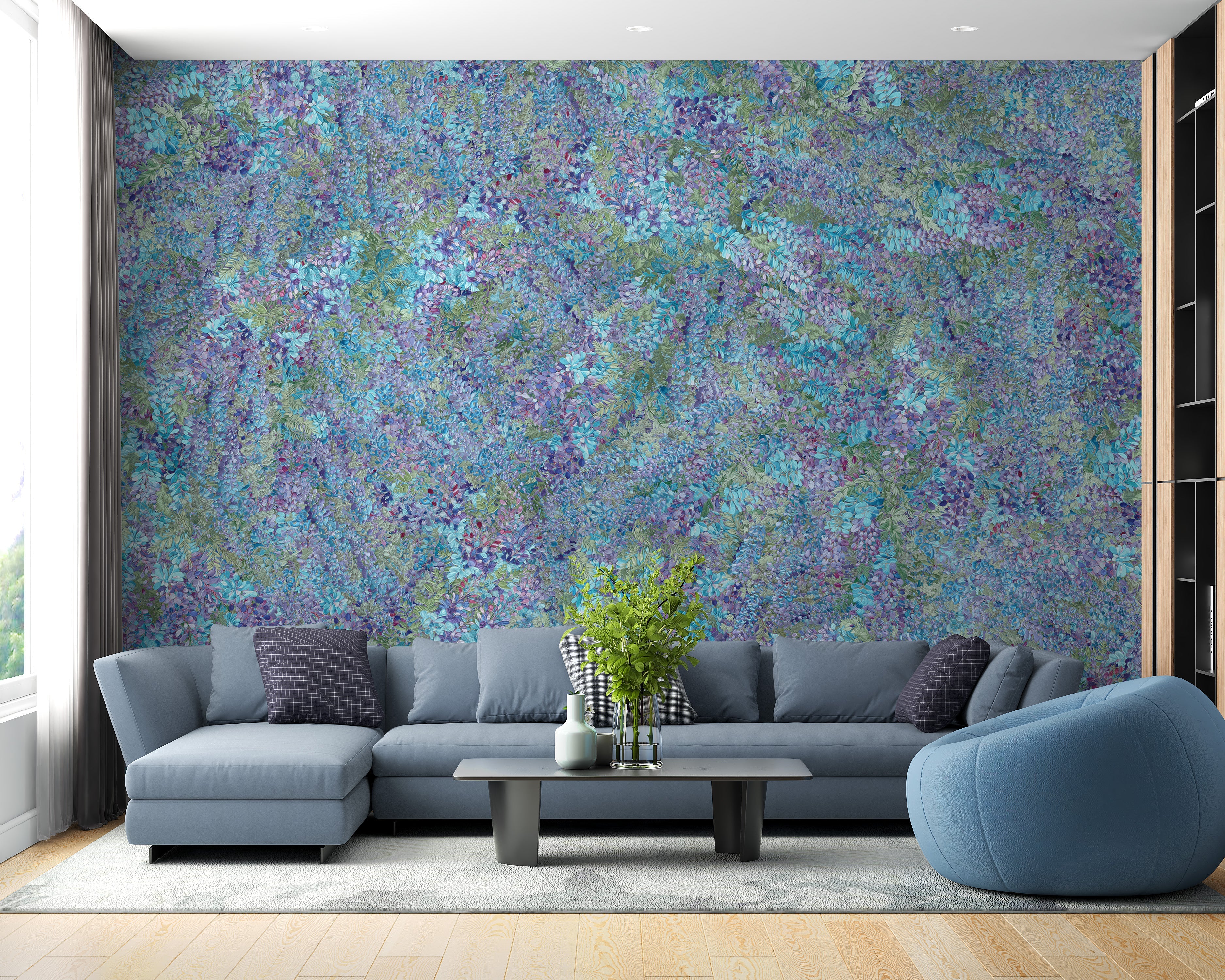 Purple and green leaf wallpaper murals in living room
