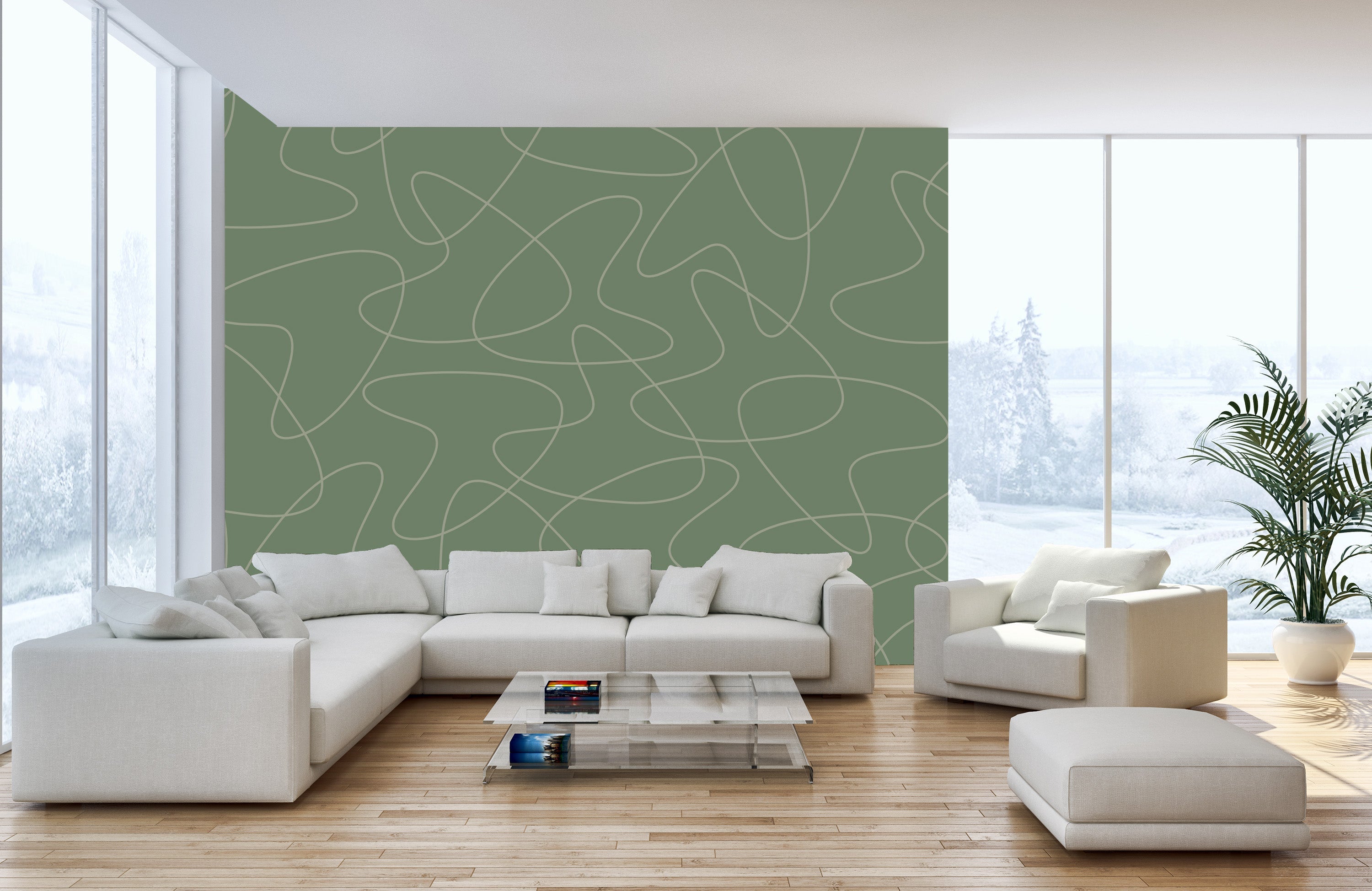 Modern green wallpaper with retro boomerang shapes