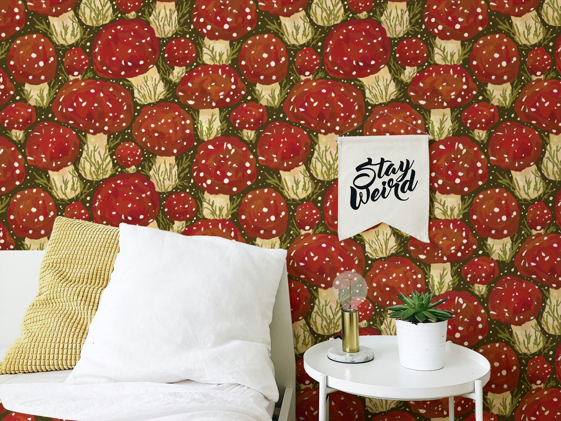 Whimsical red mushroom meadow peel and stick wallpaper for playful decor.
