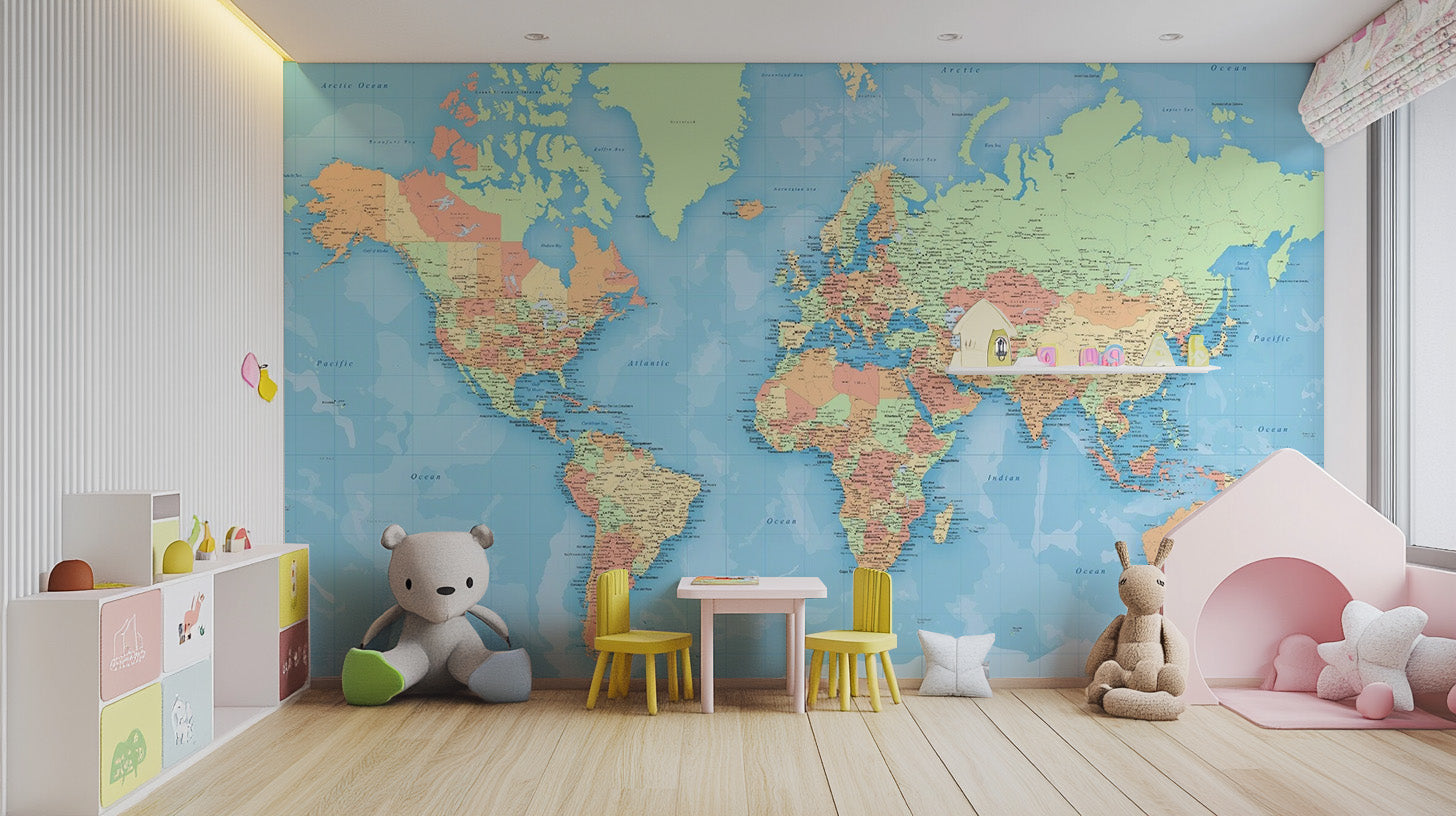 World Map Colourful Wallpaper Mural - Giffywalls