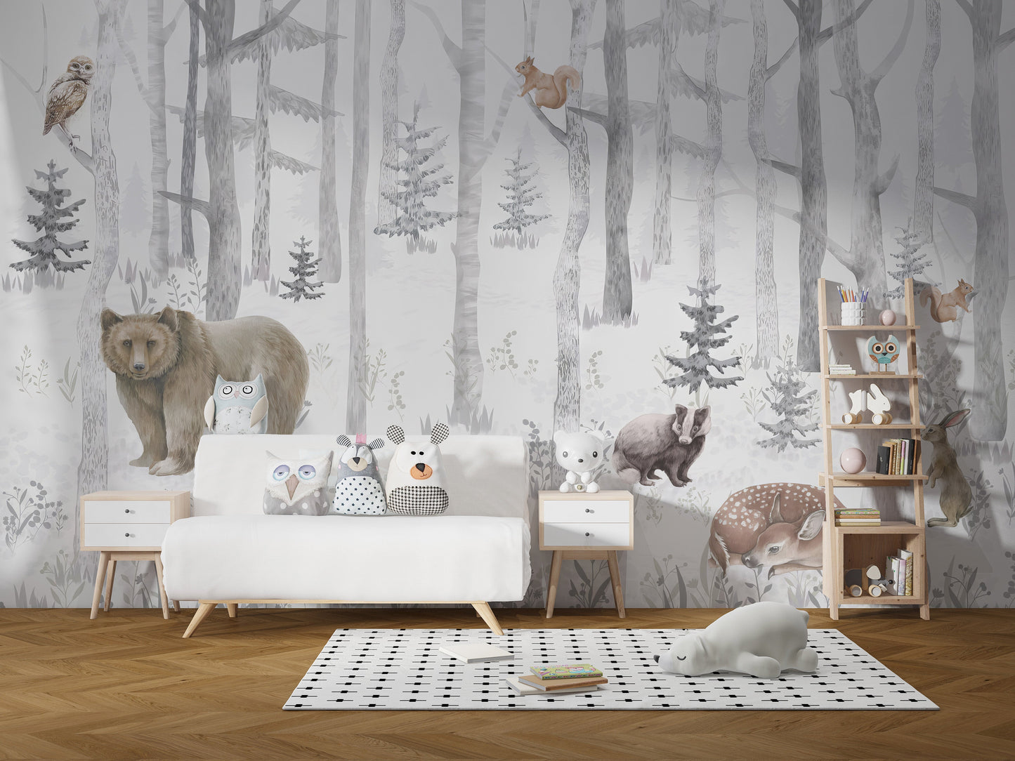 Nursery mural with enchanted forest scene
