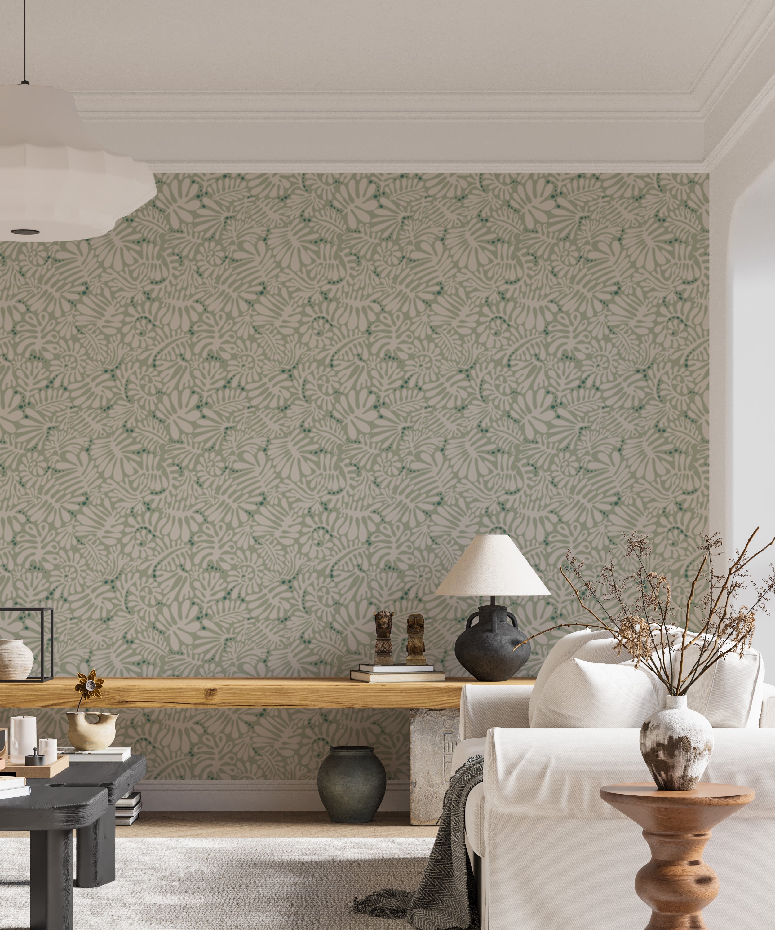 Stylish wallpaper with sage green Matisse leaves