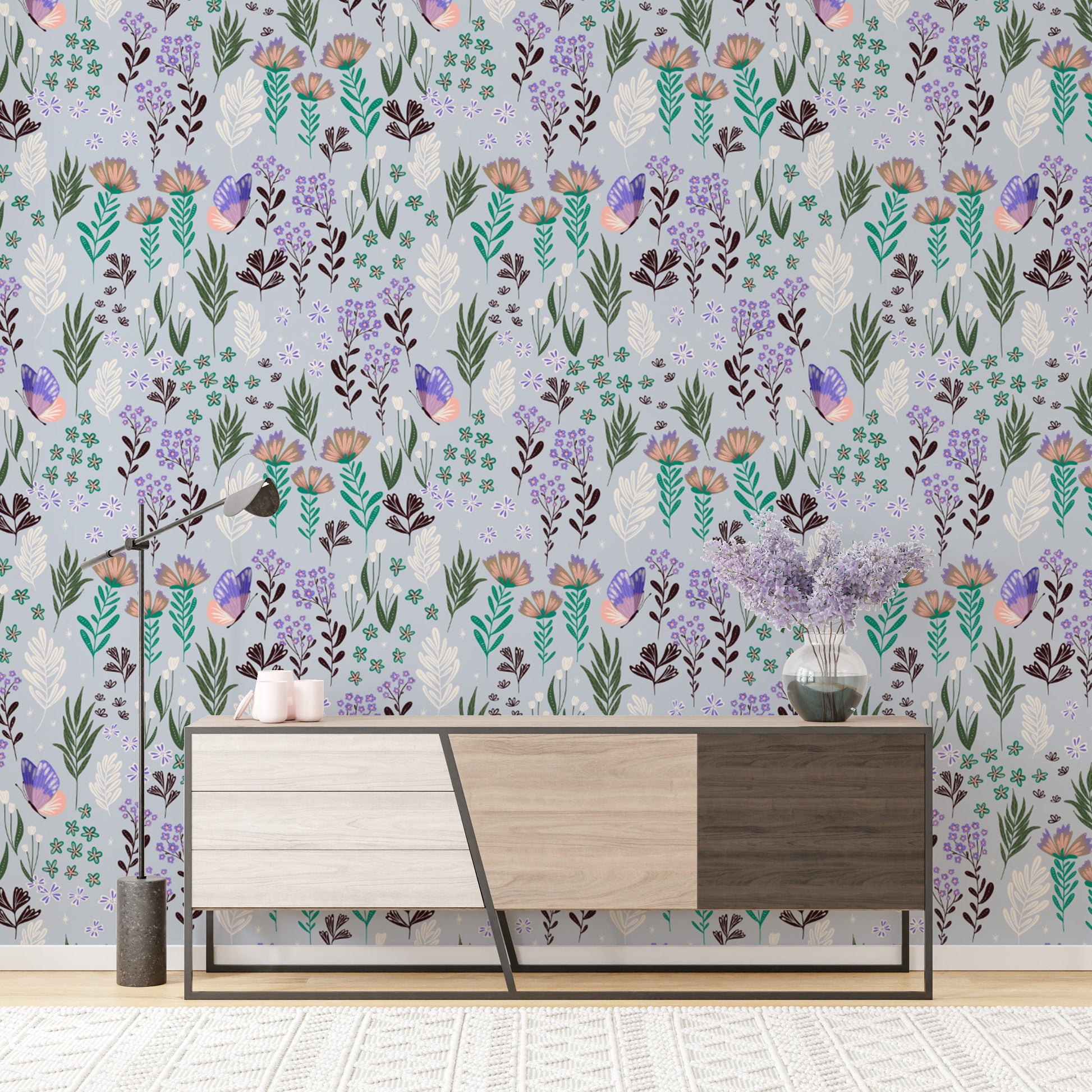 Elegant purple wallpaper featuring a meadow of fluttering butterflies.
