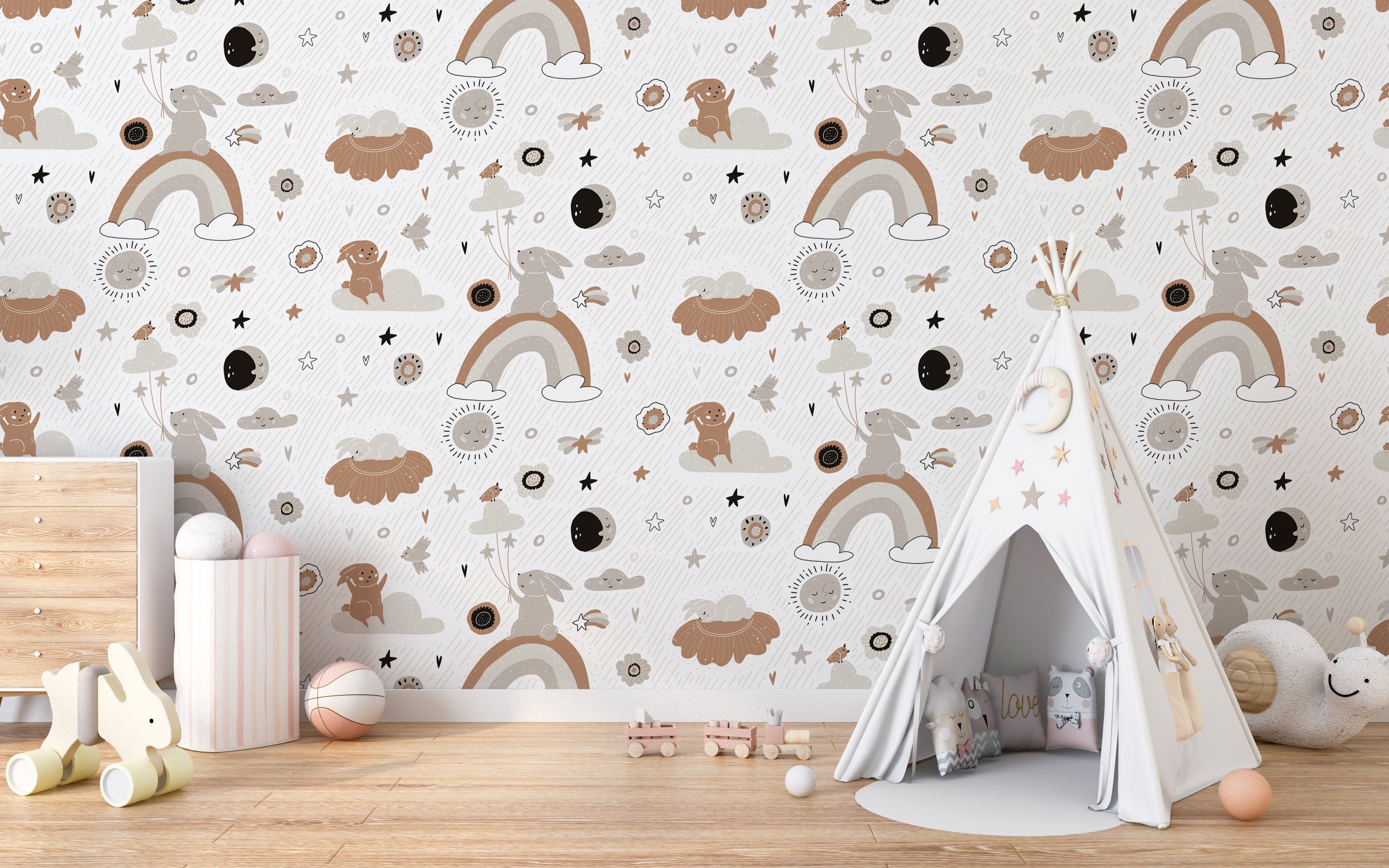 Kids wallpaper with bunnies and fluffy clouds