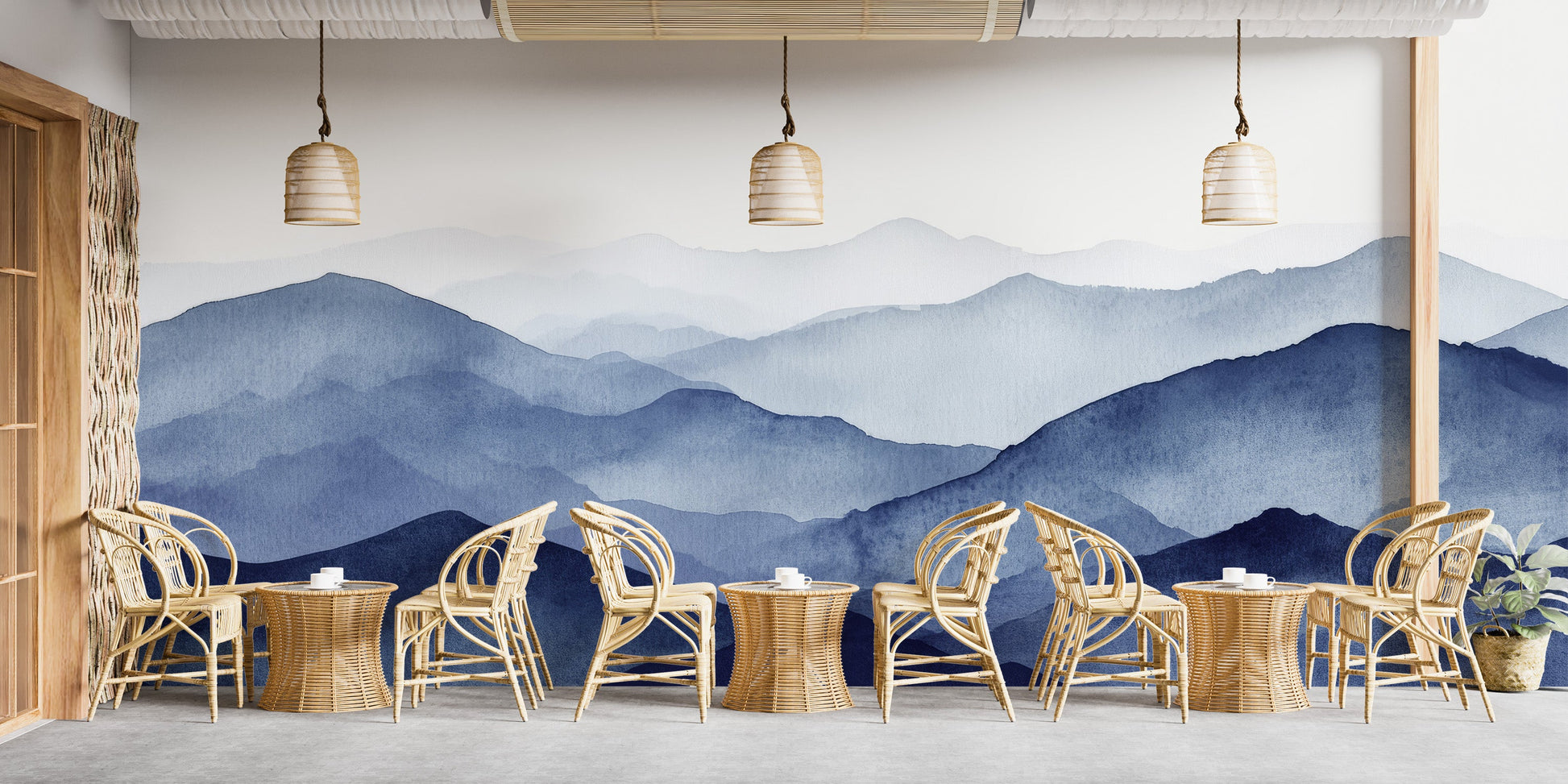 Watercolor Blue Mountain Wallpaper brings nature to cafes