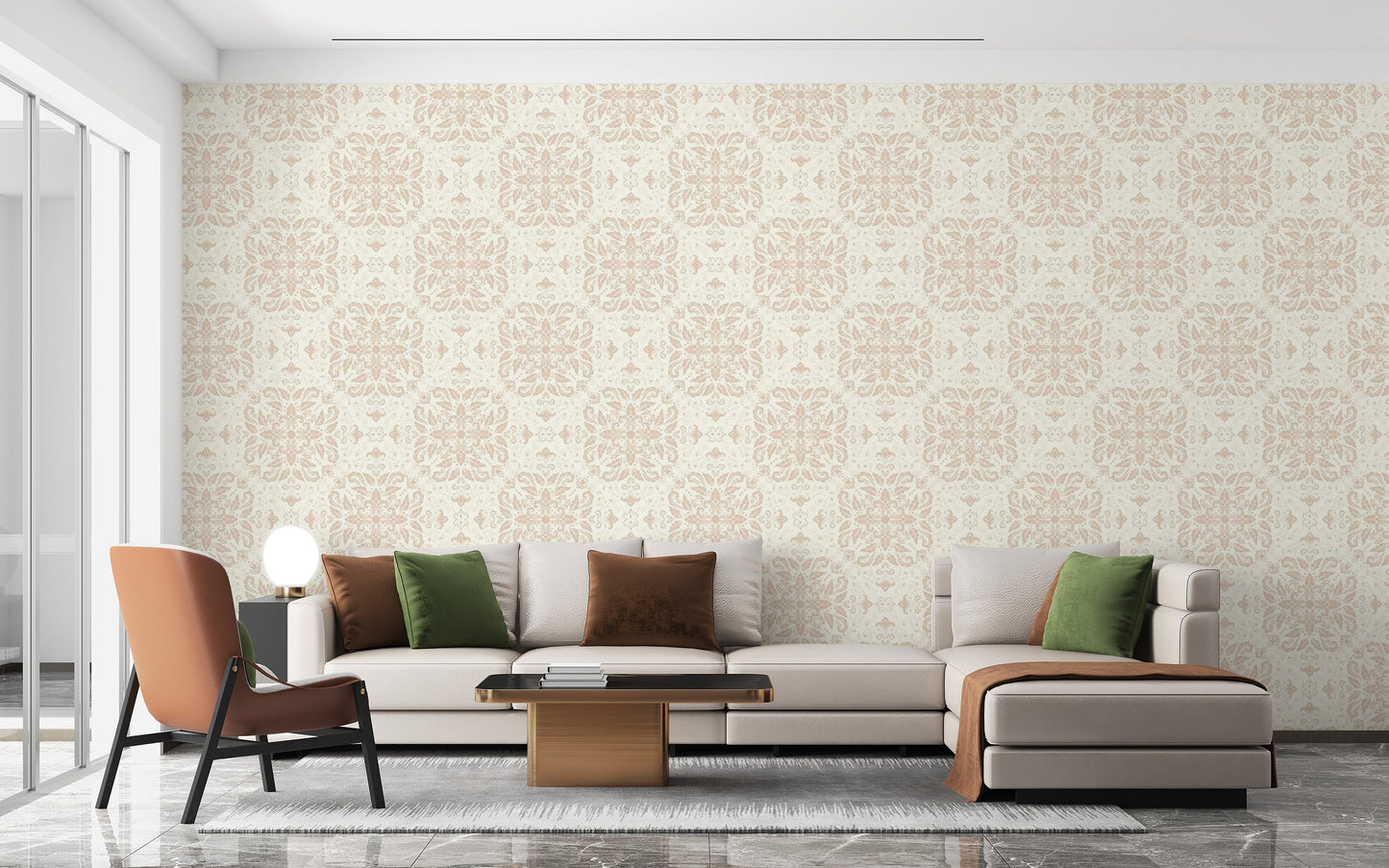 Classic beige wallpaper with damask designs
