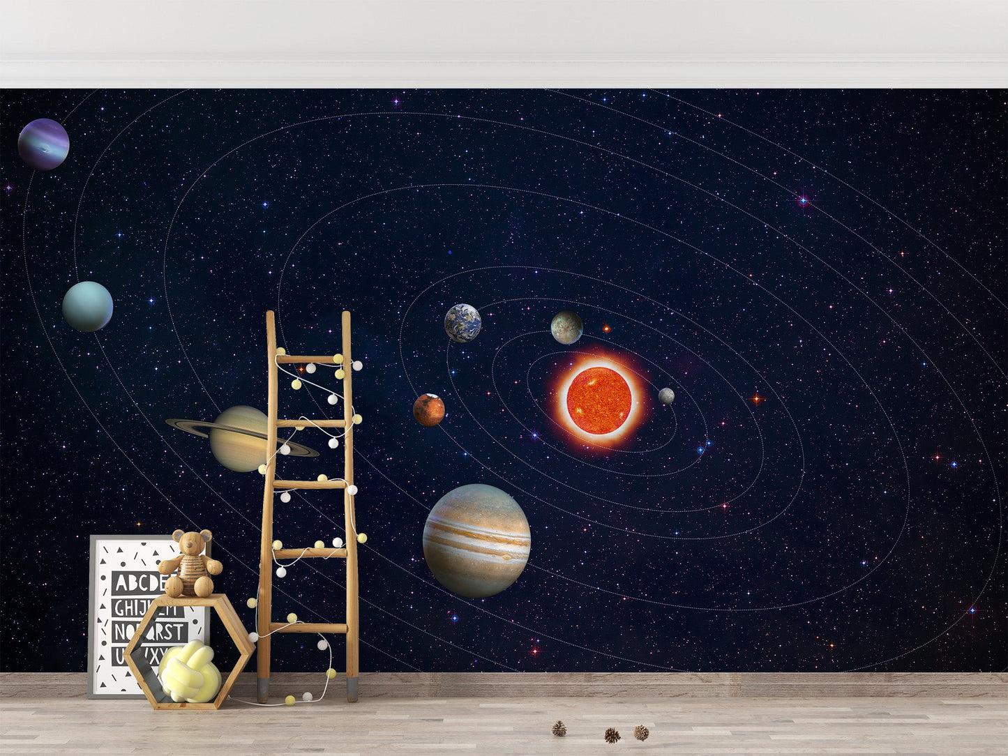 Sun and planets orbit mural for wall decor