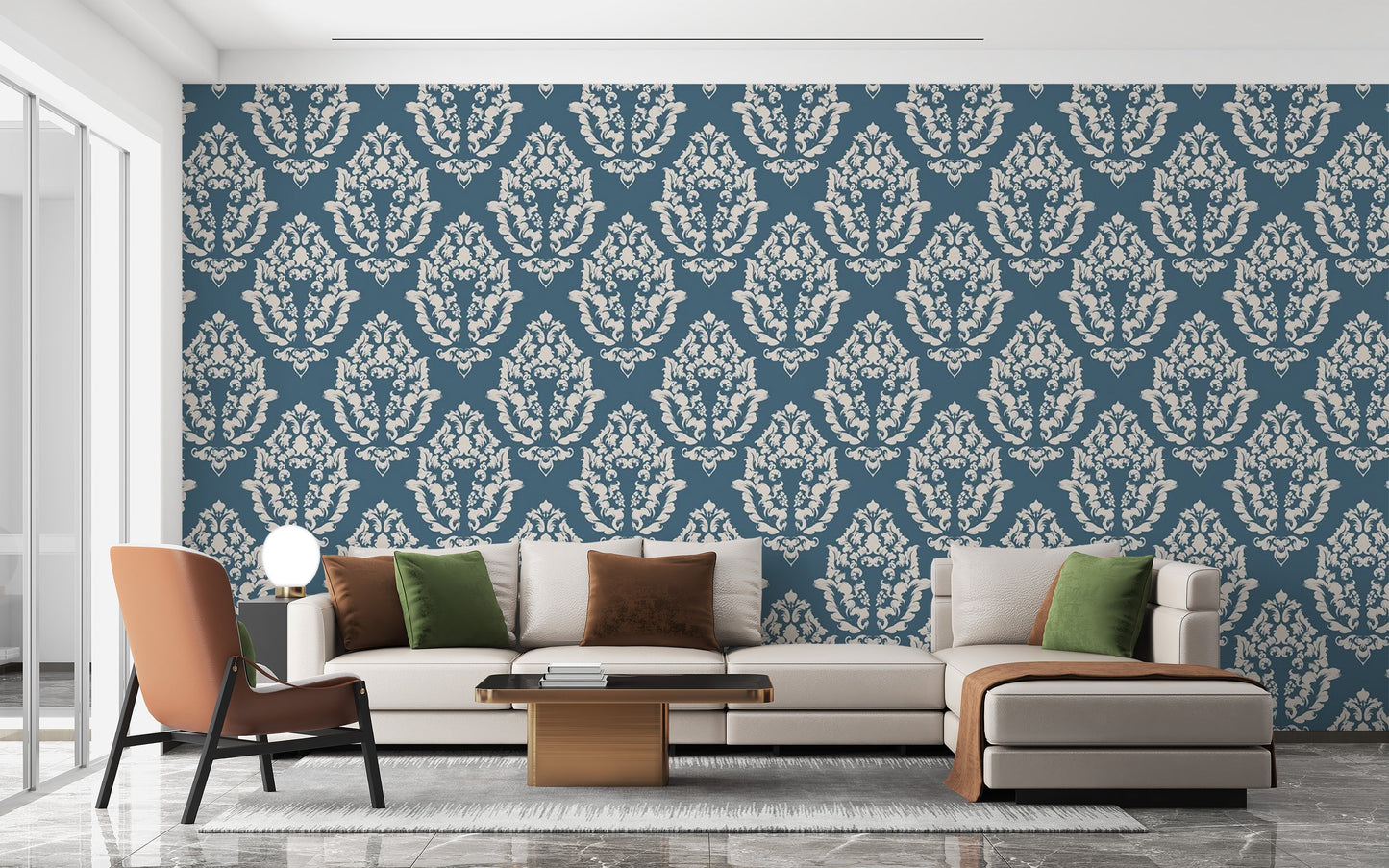 Decorative blue damask pattern mural option
