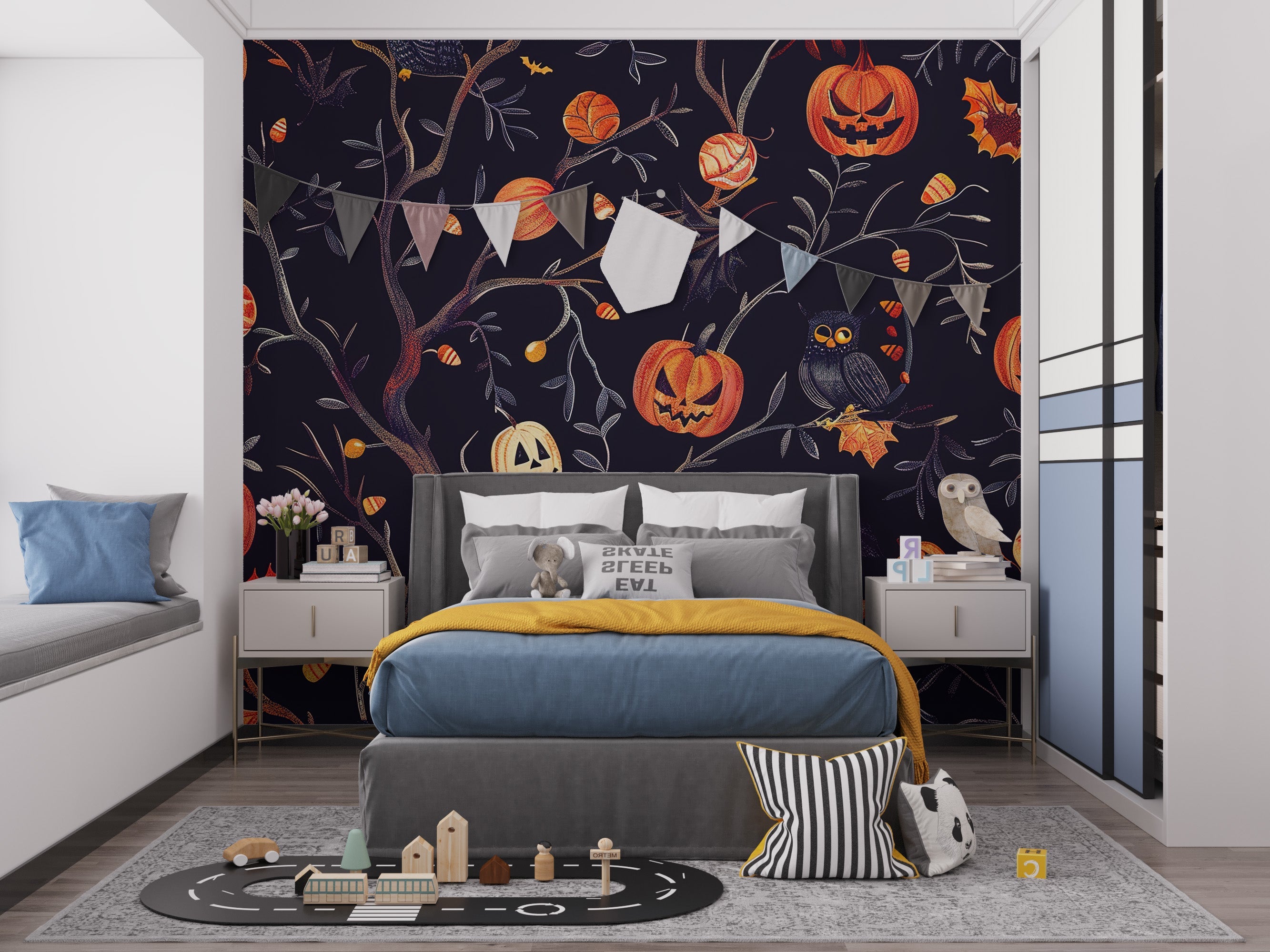 Spooky Halloween mural with pumpkins owls
