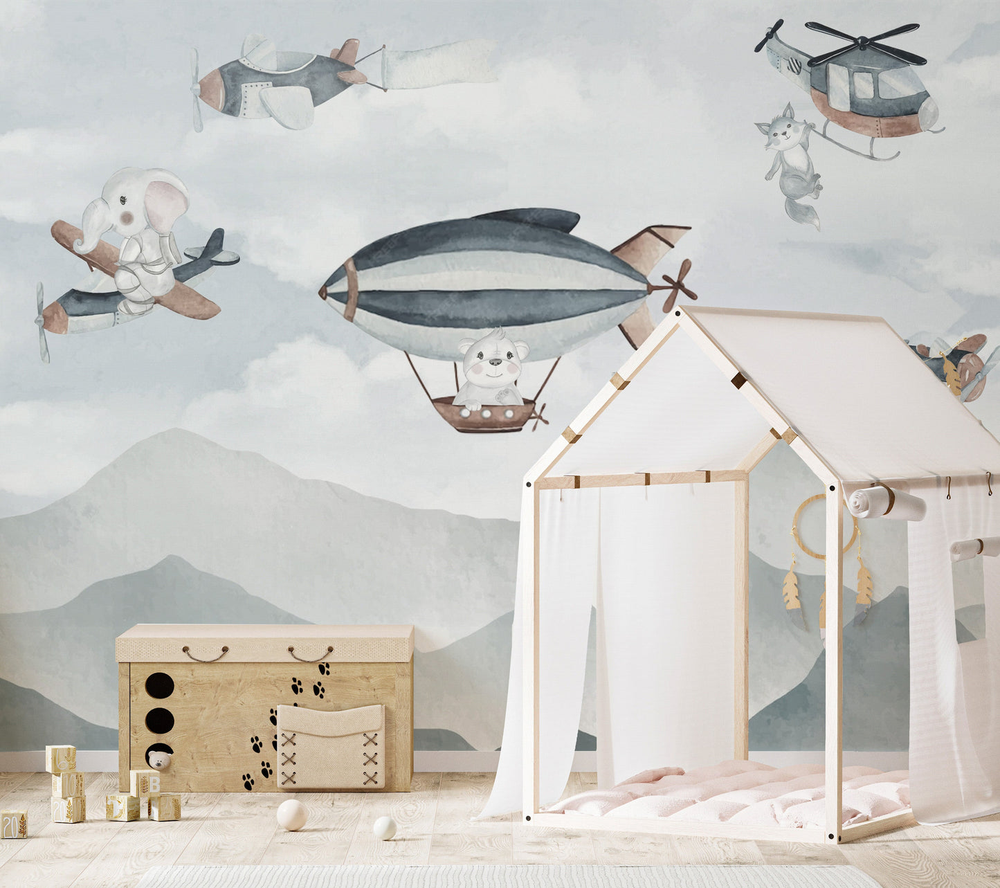 Whimsical Airborne Adventure Mural wallpaper