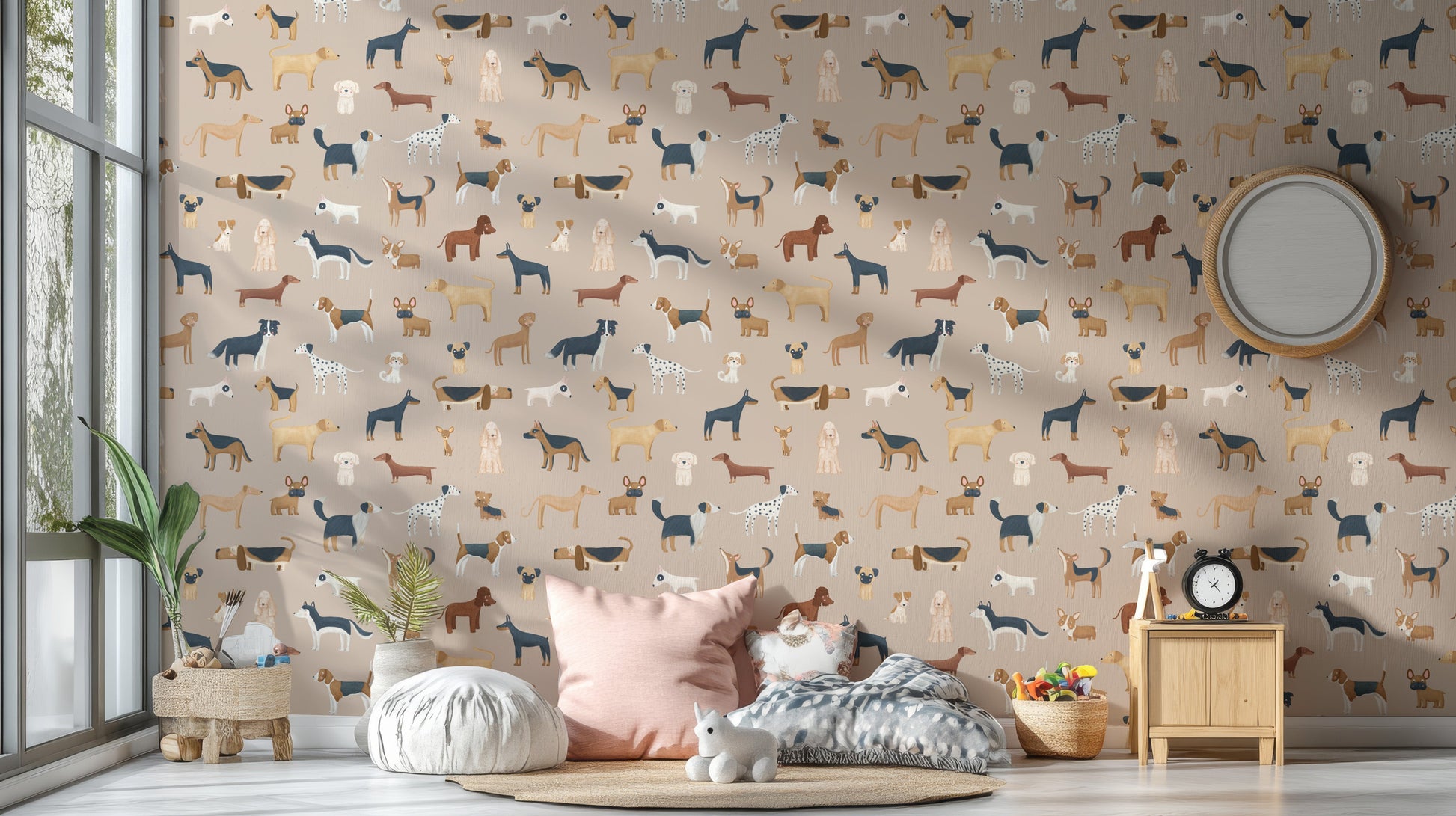 Playful dog design wallpaper for nursery decor
