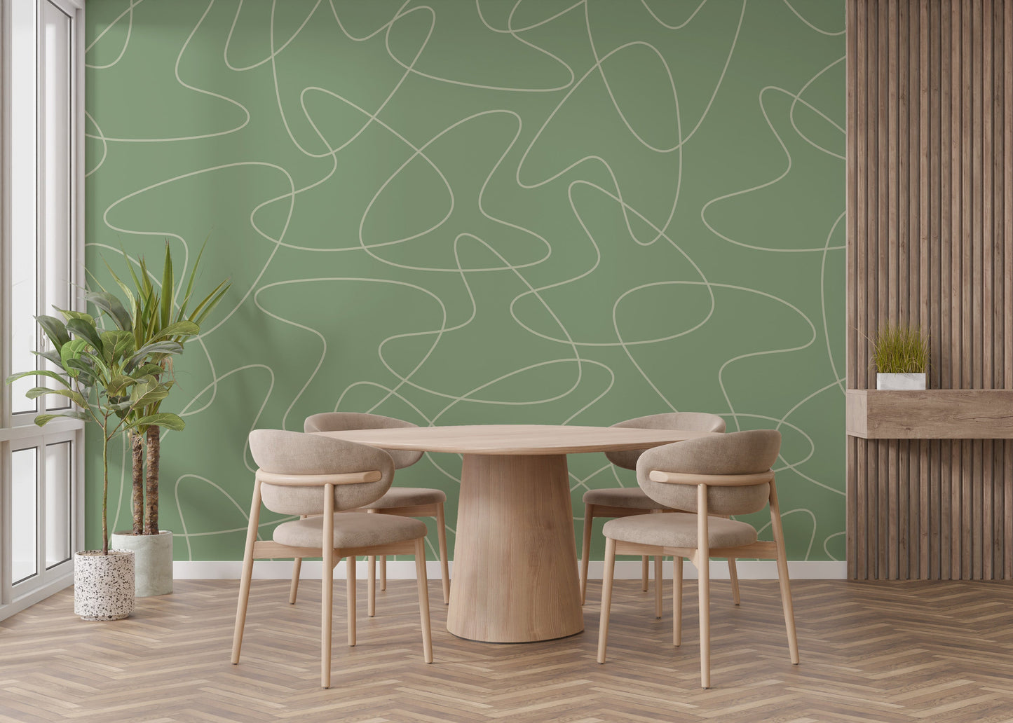 Subtle green geometric wallpaper with boomerang lines