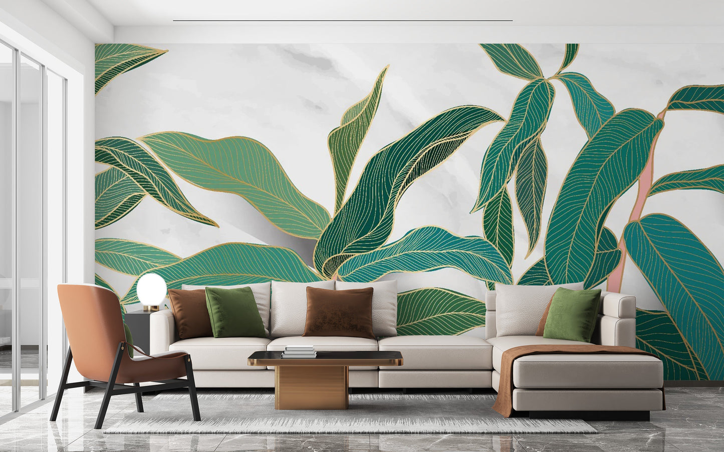 Trendy Tropical Gold Rimmed Leaves Wallpaper