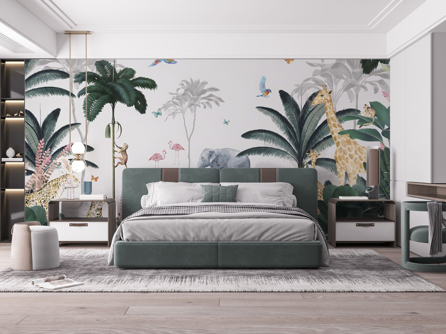 Lively tropical safari mural wallpaper for kids' bedroom walls.
