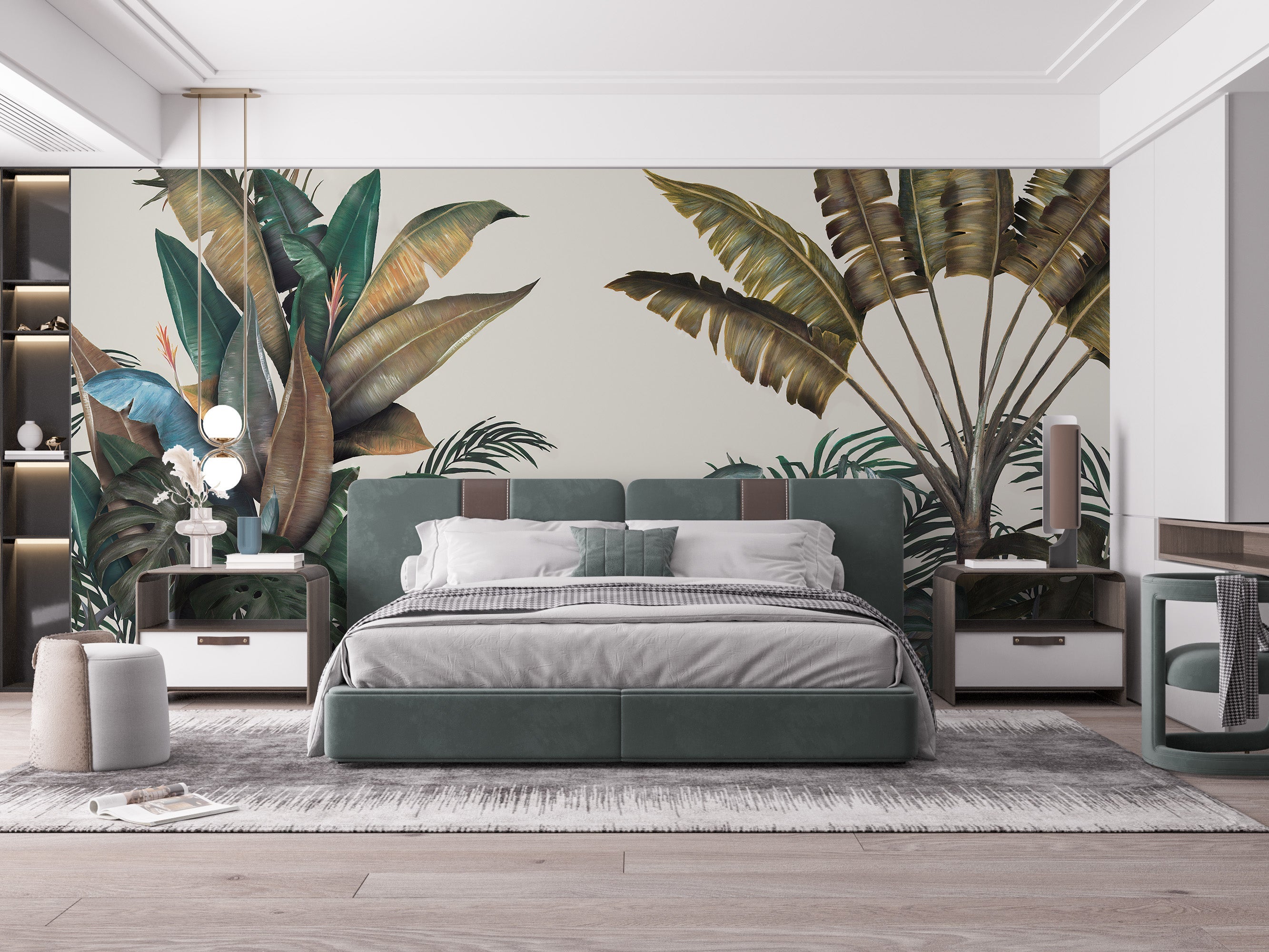 Green & Dusty Yellow Tropical Leaves Wallpaper Mural - Giffywalls