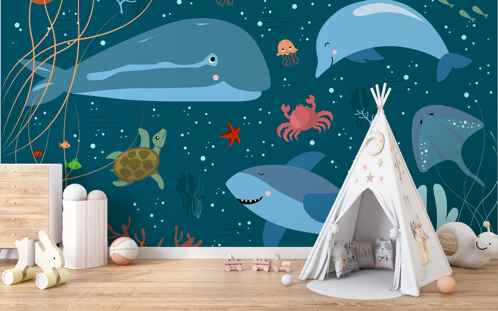 Blue Underwater Cartoon Whales Kids Room Wallpaper Murals - Giffywalls