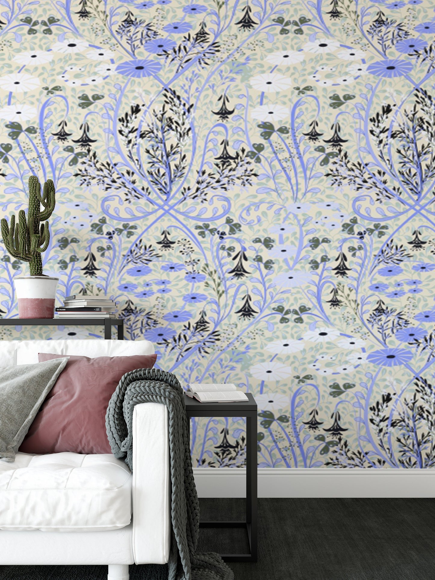 Chic periwinkle wallpaper with meadow design