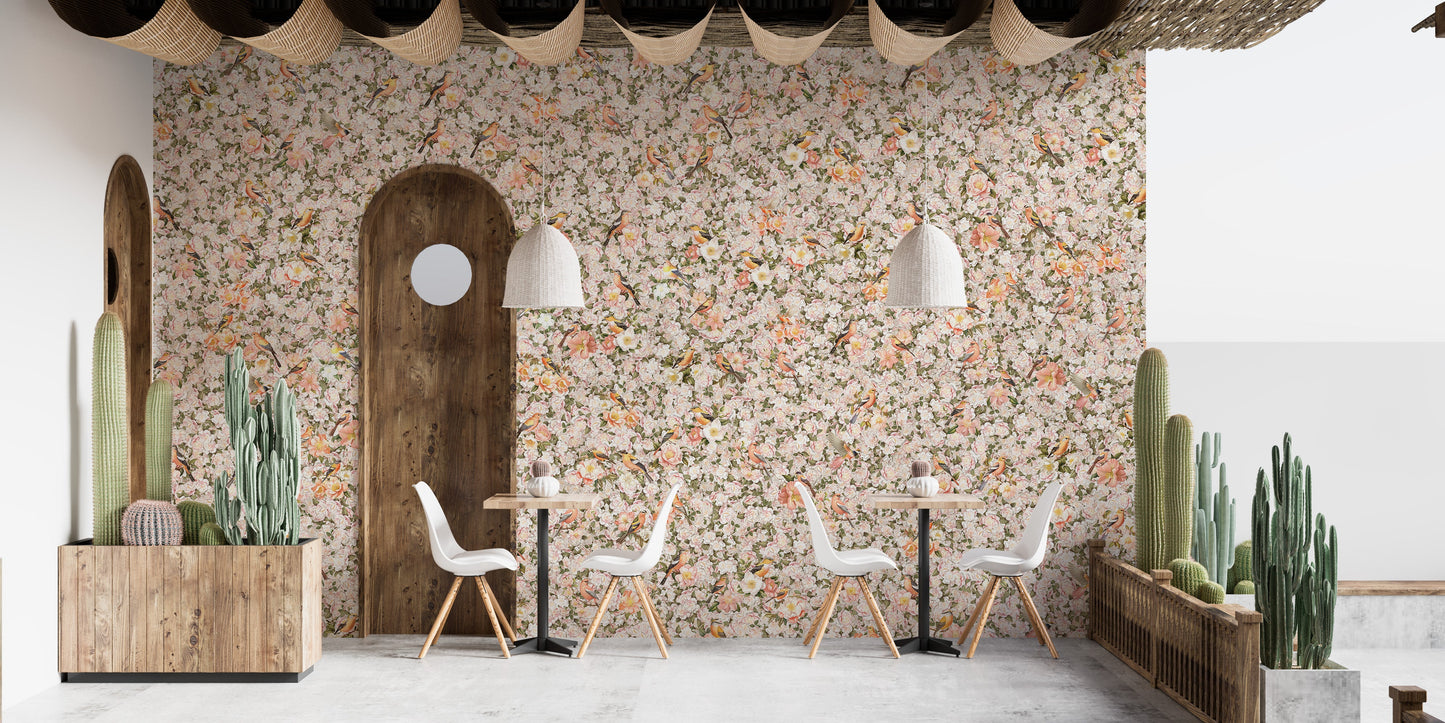 Vintage-inspired floral and bird wallpaper
