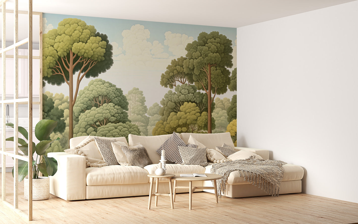 Green natural woodcut forest wallpaper for a sophisticated, natural decor.
