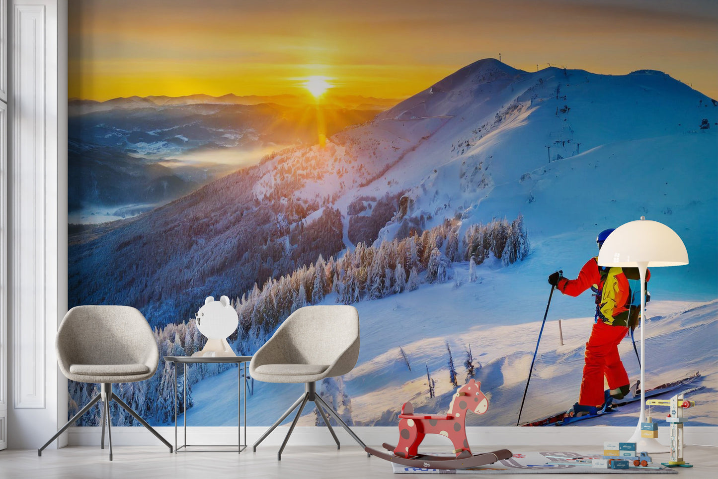 Alpine Dawn Skiing Adventure Mural - Giffywalls