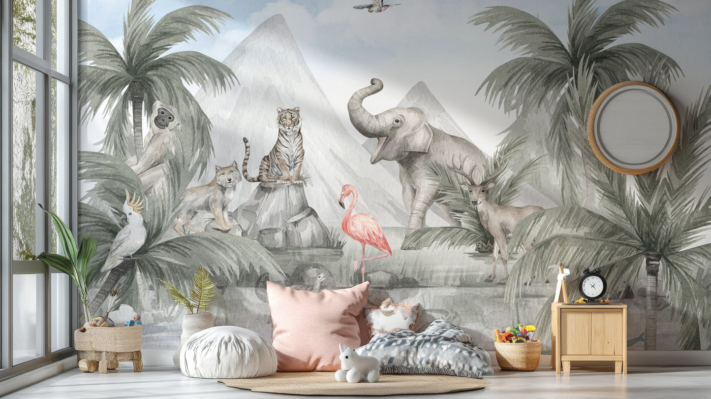 Exotic wildlife mural perfect for tropical decor