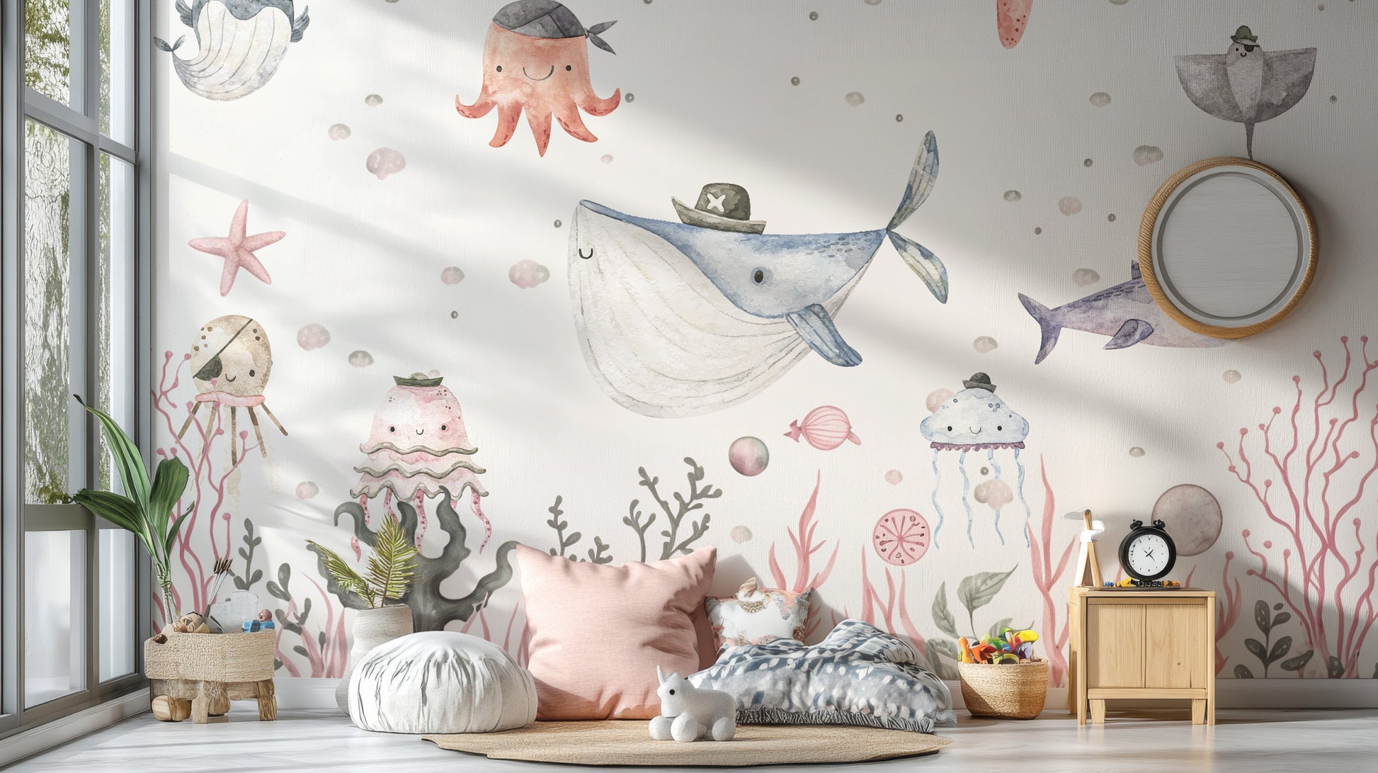 Playful maritime mischief aquarium mural for kids