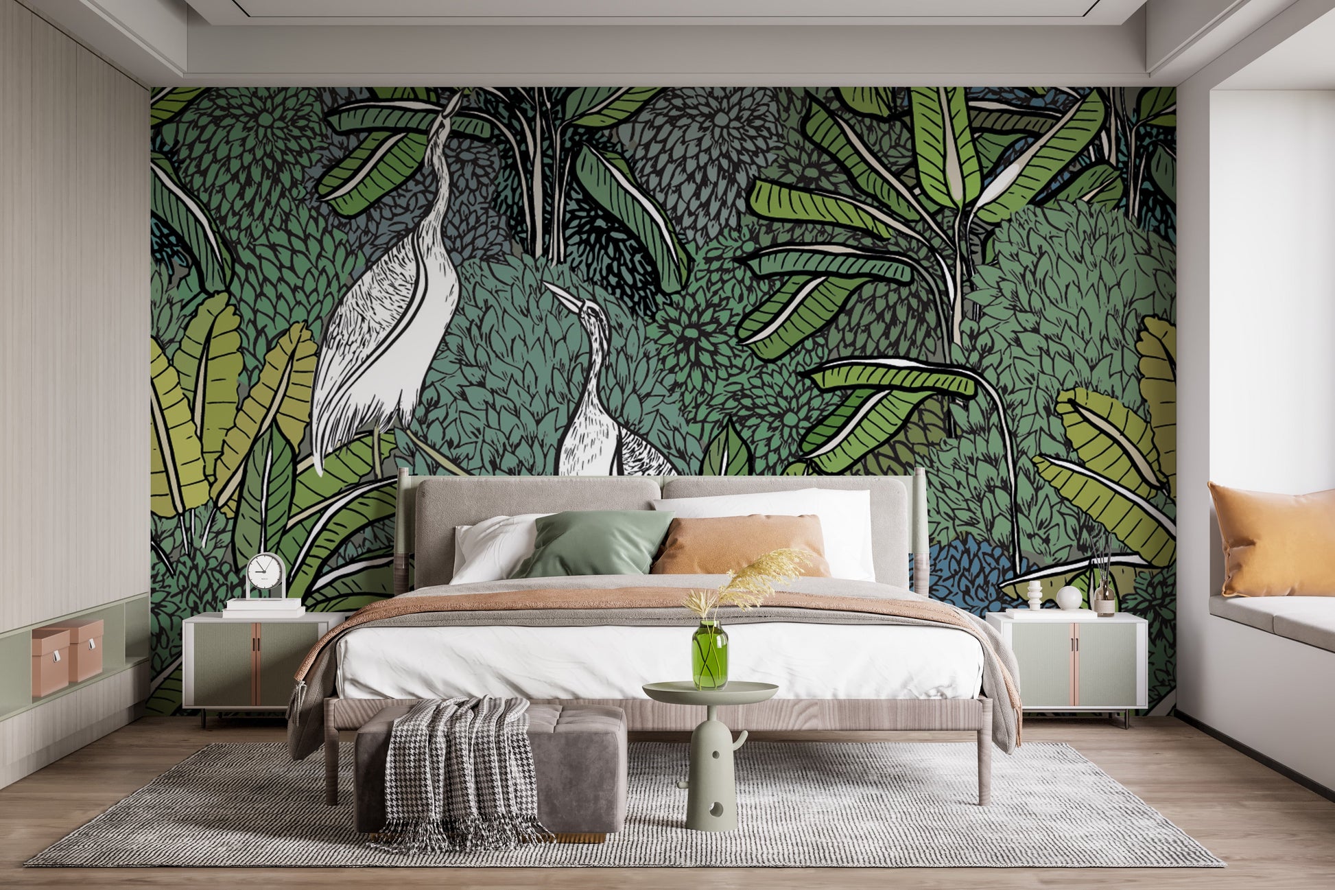 Green botanical mural with elegance
