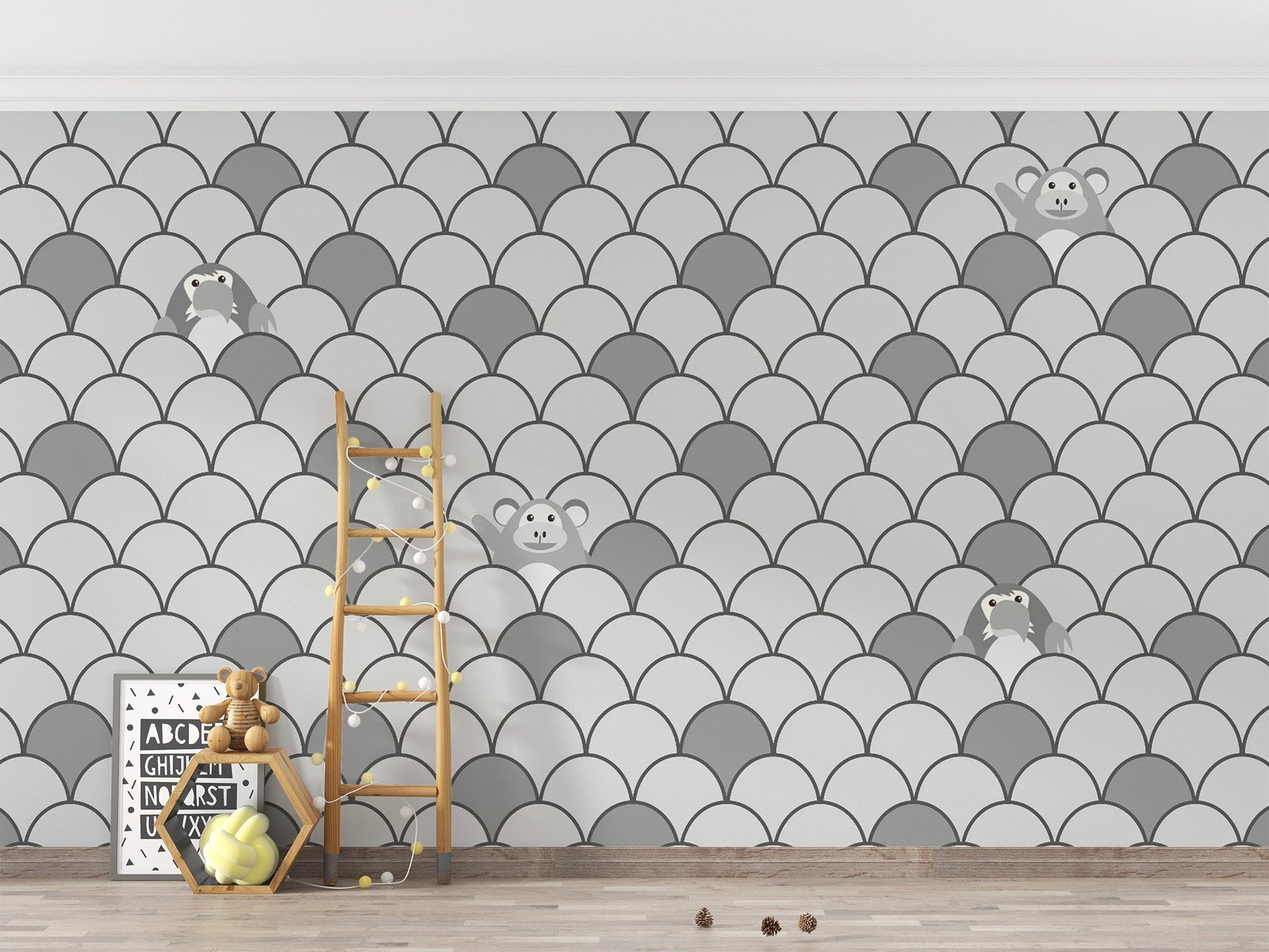 Grey Color Kids Animated Motifs Wallpaper Mural - Giffywalls