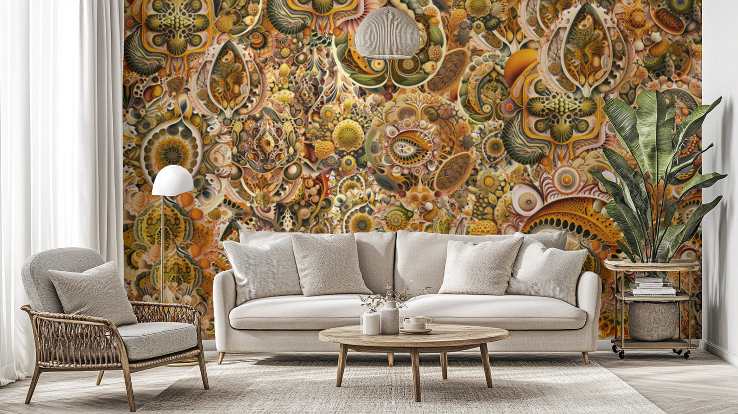 Transform your walls with yellow-brown Haeckel abstract mural wallpaper.