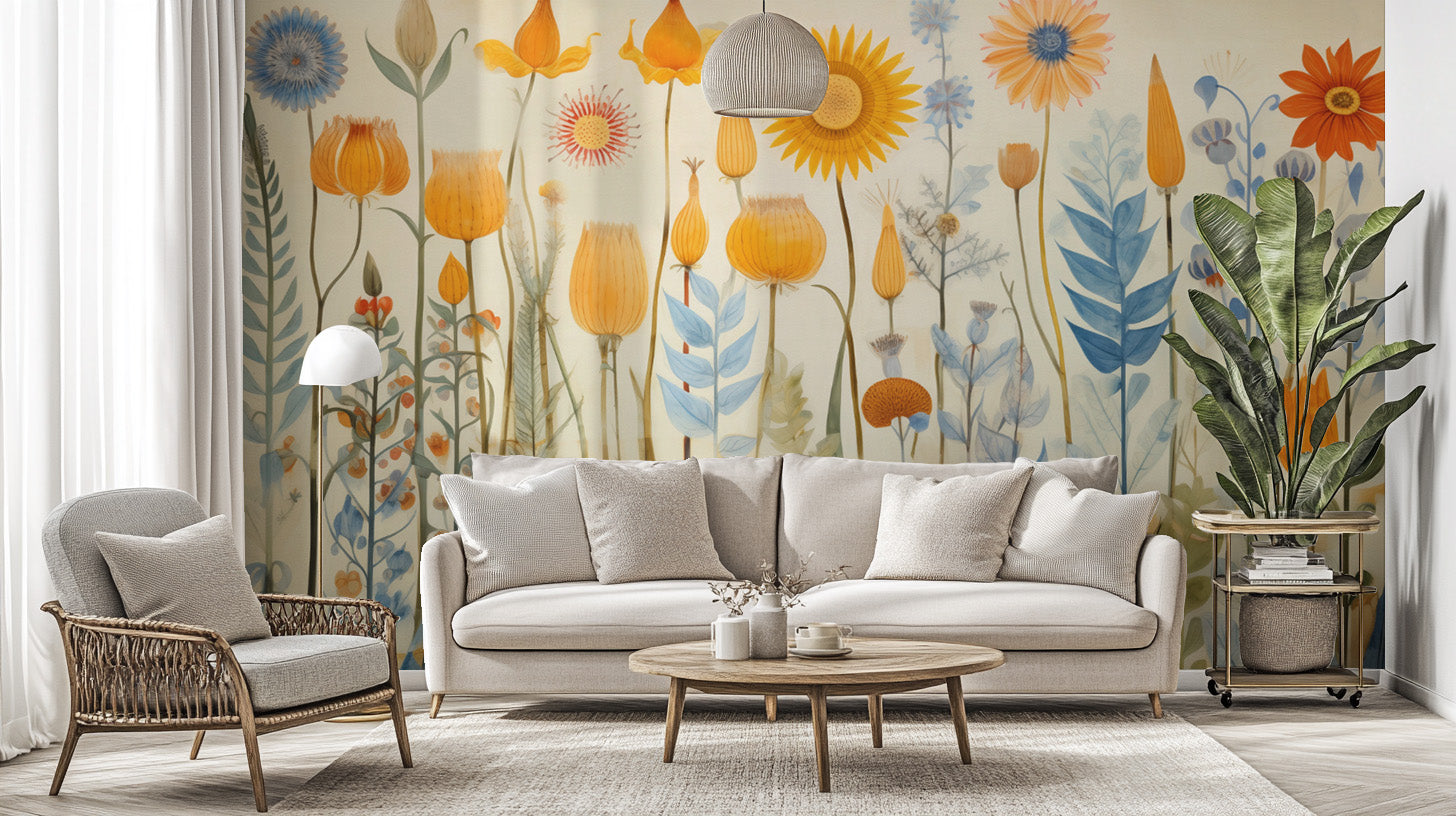 Bring nature indoors with brightly colored flowers wallpaper murals.