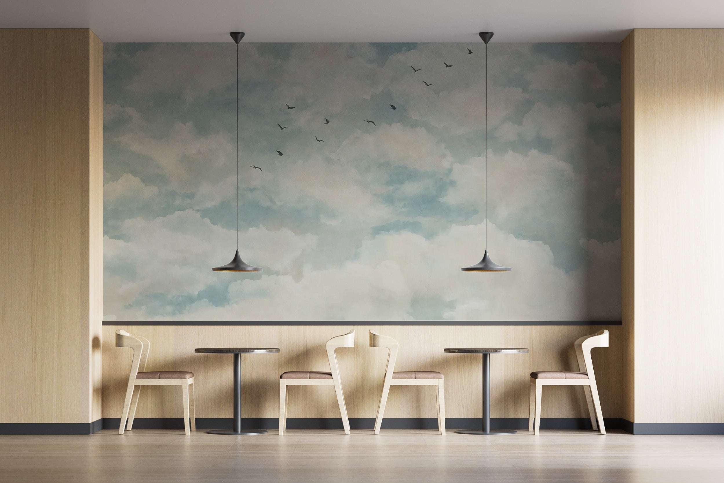 Floating birds in fluffy clouds decor
