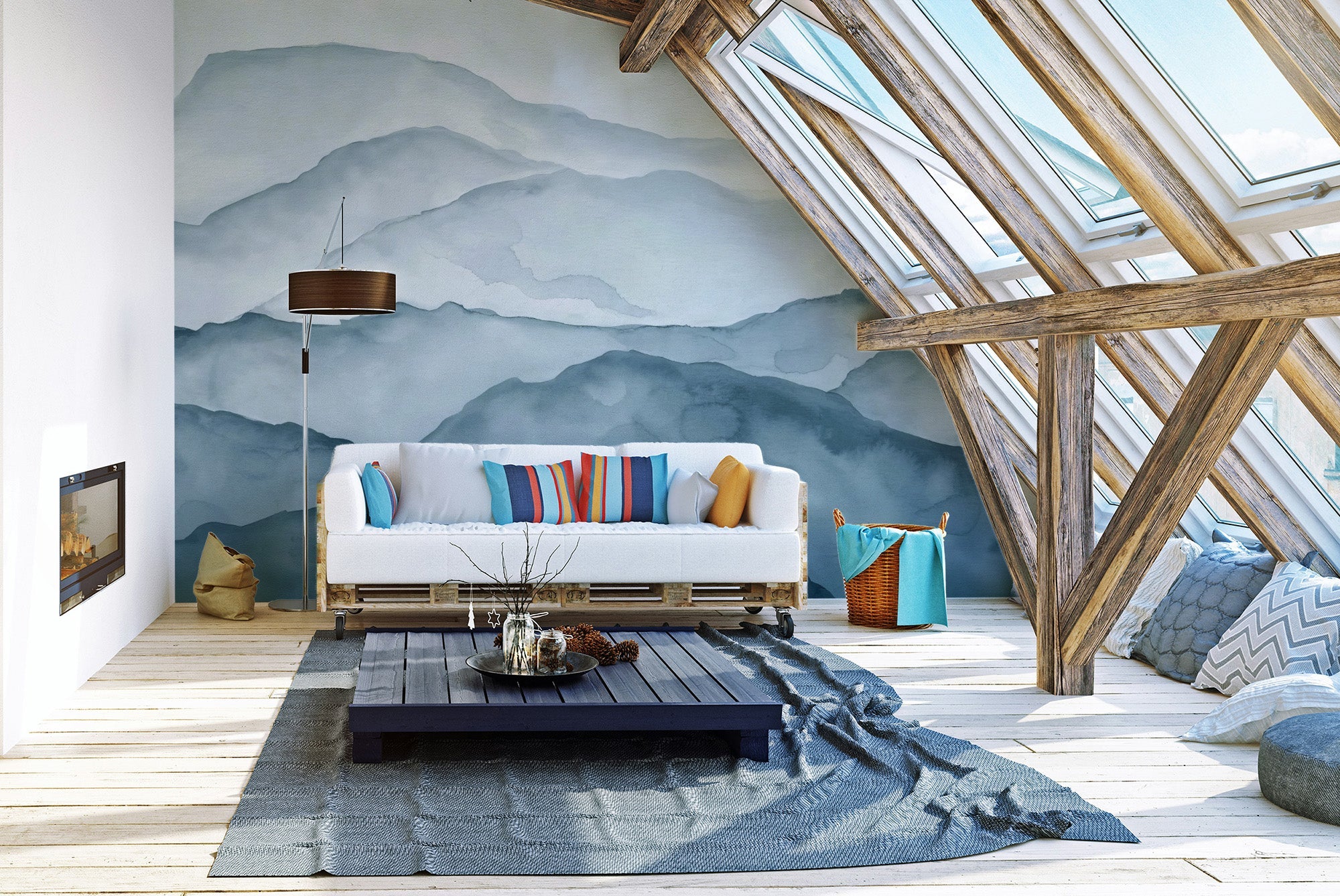 Blue Watercolour Mountain Mural - Giffywalls