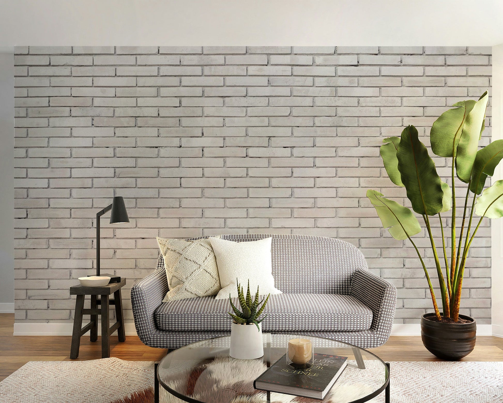 Urban-style white brick wallpaper with a concrete finish.