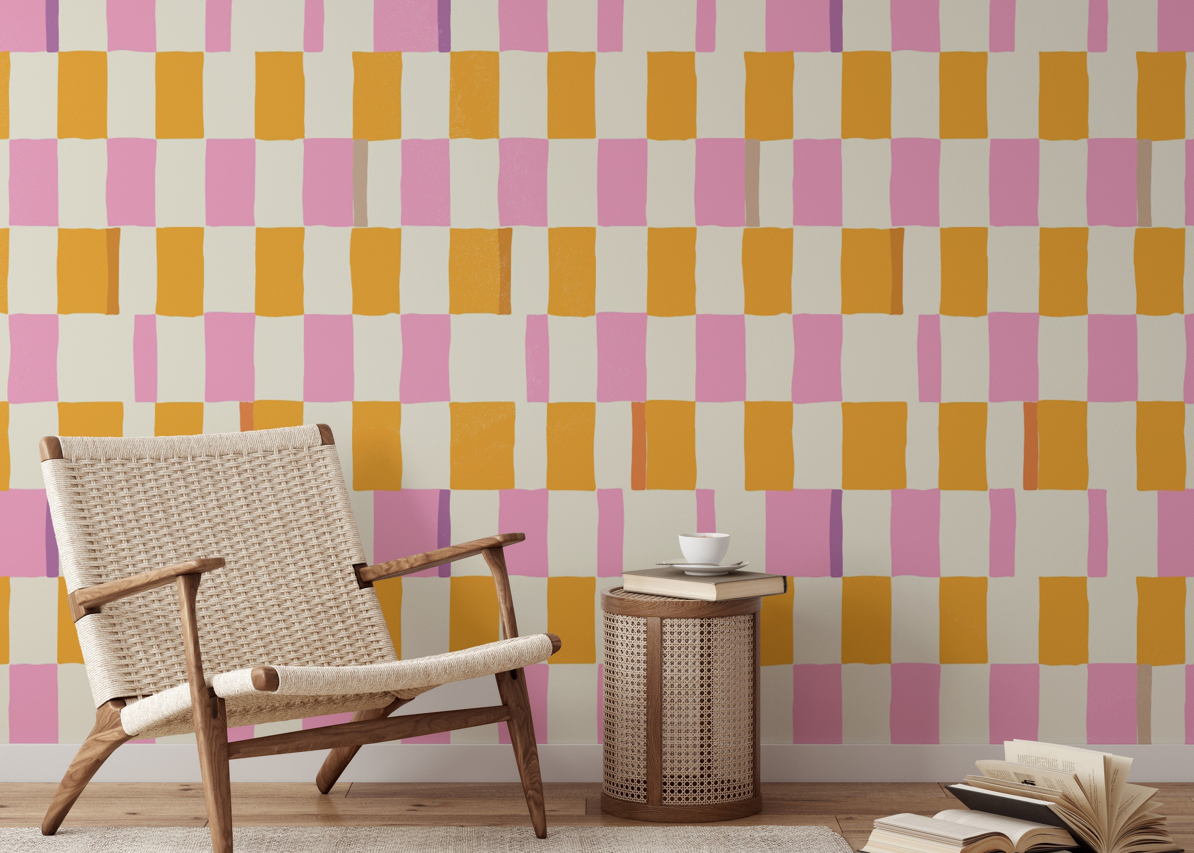 Removable wallpaper with multicolor checkered design