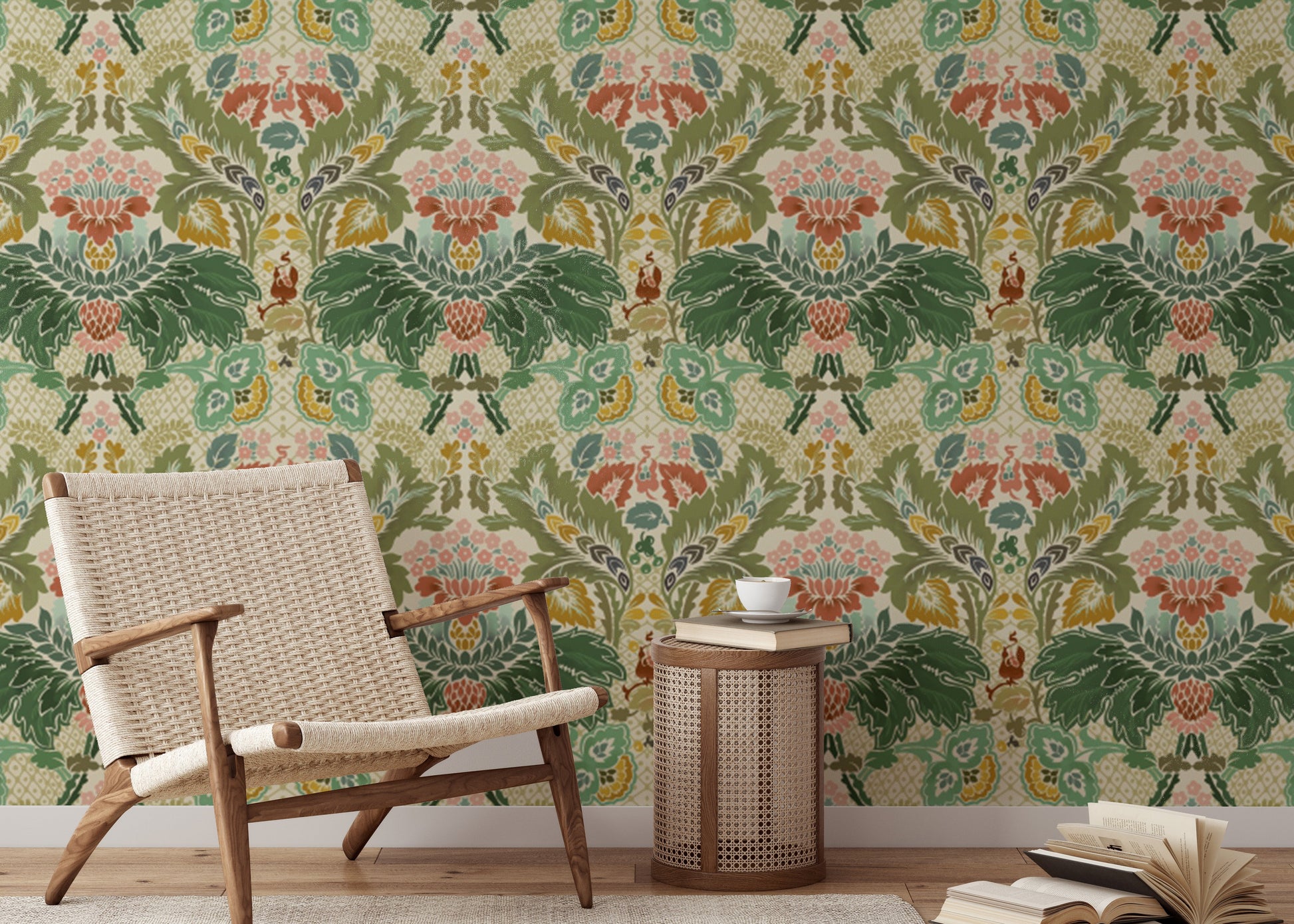 Victorian Ivory Bloom wallpaper with elegant floral patterns.
