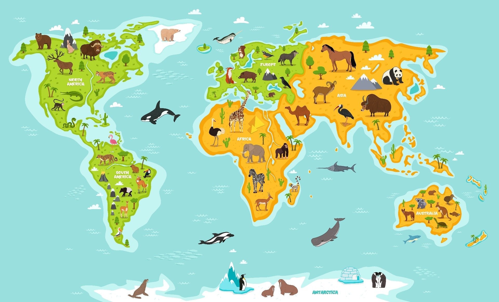 Animal Wildlife Peel And Stick WorldMap Wallpaper Mural For Kids