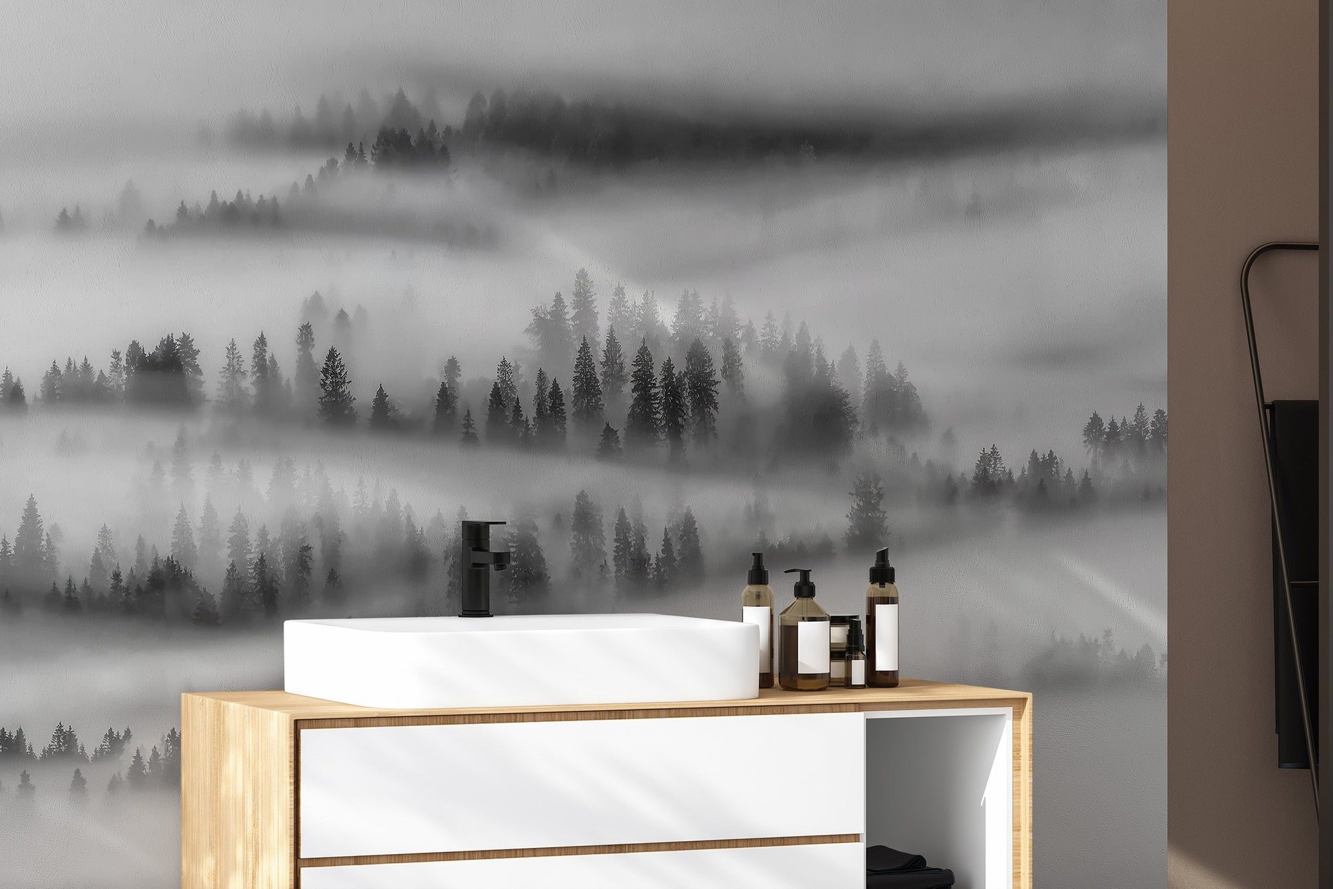 Black and white foggy forest wallpaper for walls